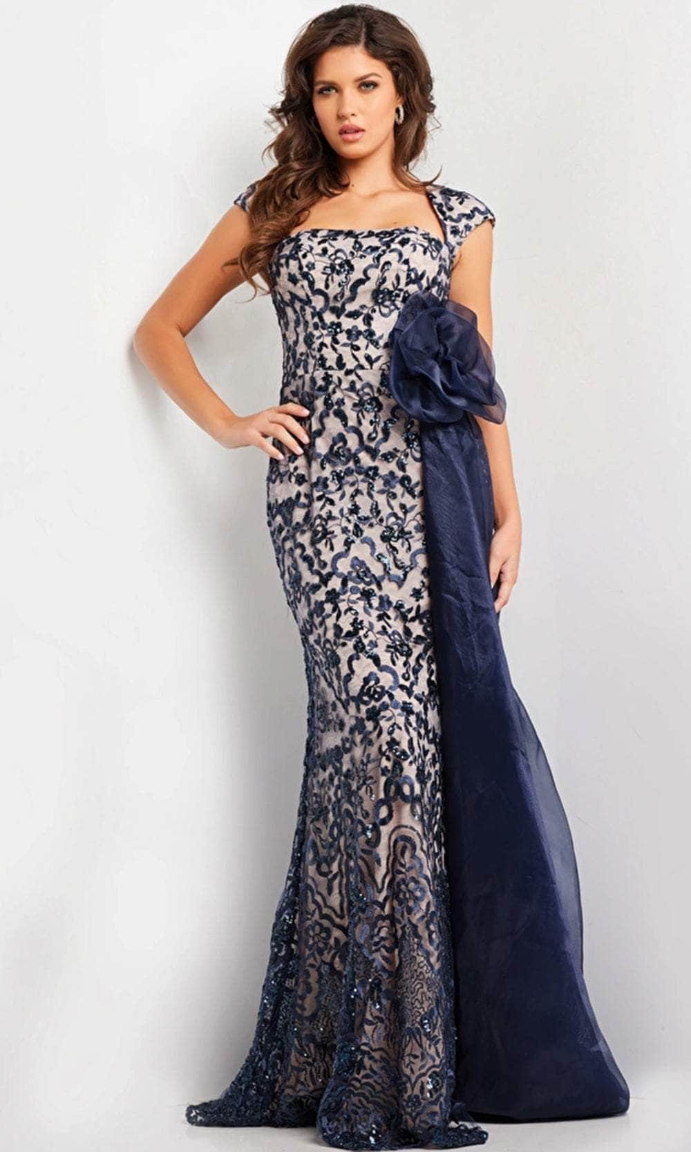 Jovani 37203 - Embellished Waist Floral Dress - detail view