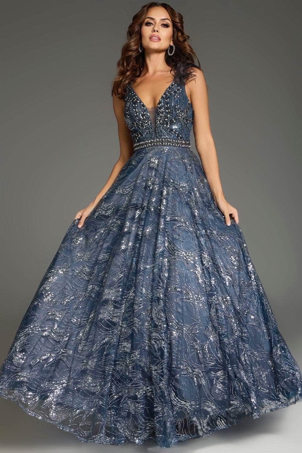 Jovani 37551 - Rhinestone Embellished Plunging V-Neck Prom Gown - back view