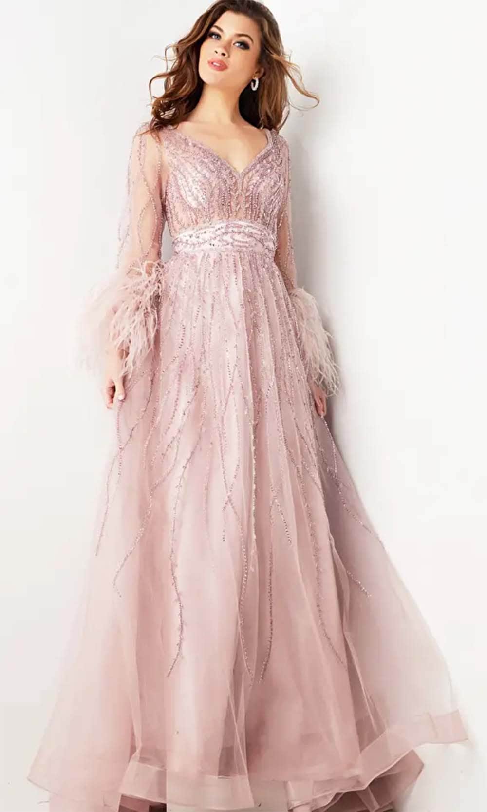 Jovani 38583 - Feather Embellished Long Sleeve Prom Dress - detail view
