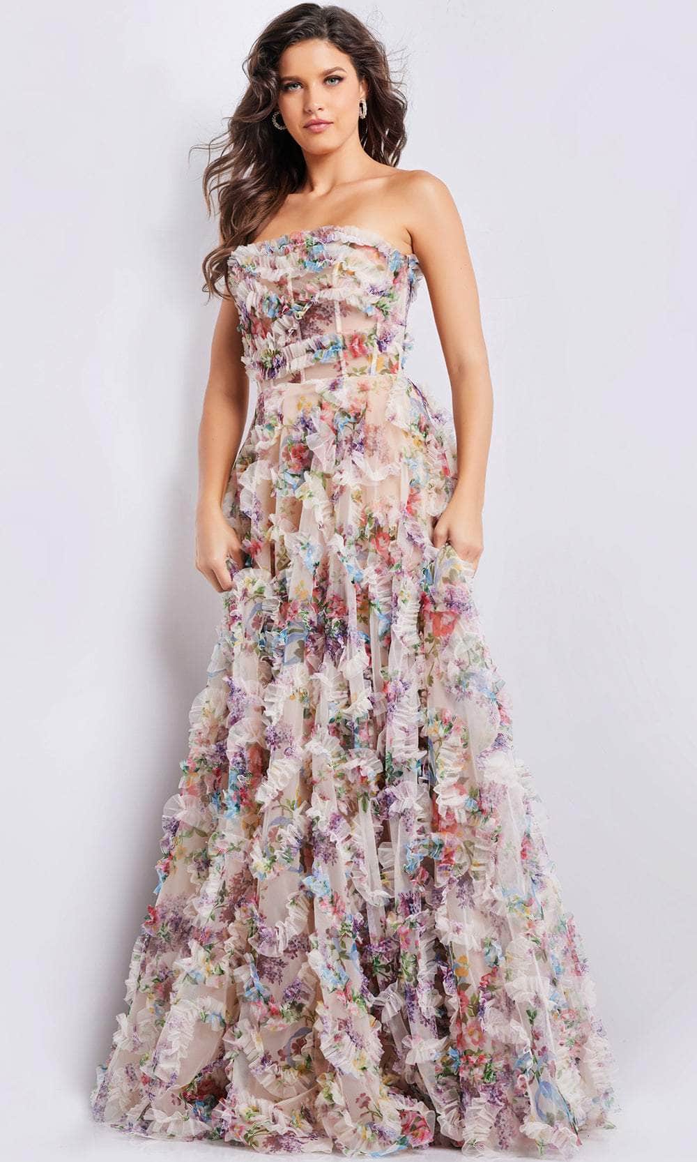 Jovani 38650 - Floral Print Ruffled A-line Gown - designer formal gown at Silhouette Dresses