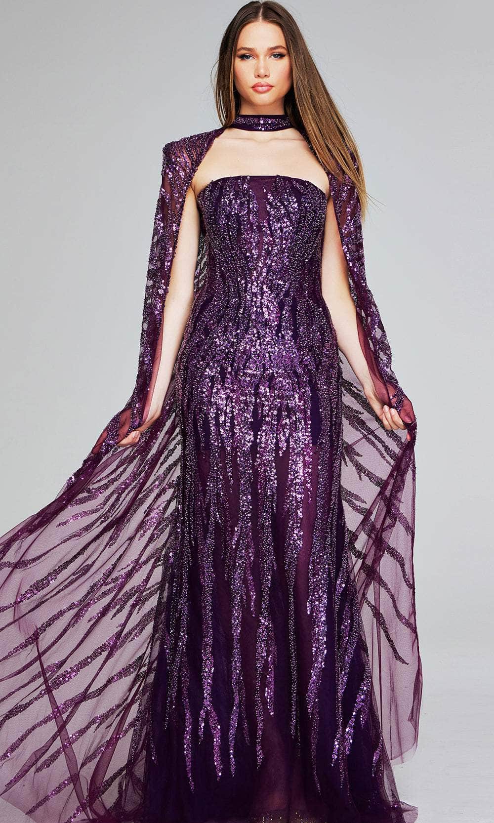 Jovani 39046 - Patterned Sequin Long Cape Evening Gown - designer evening gown at Silhouette Dresses