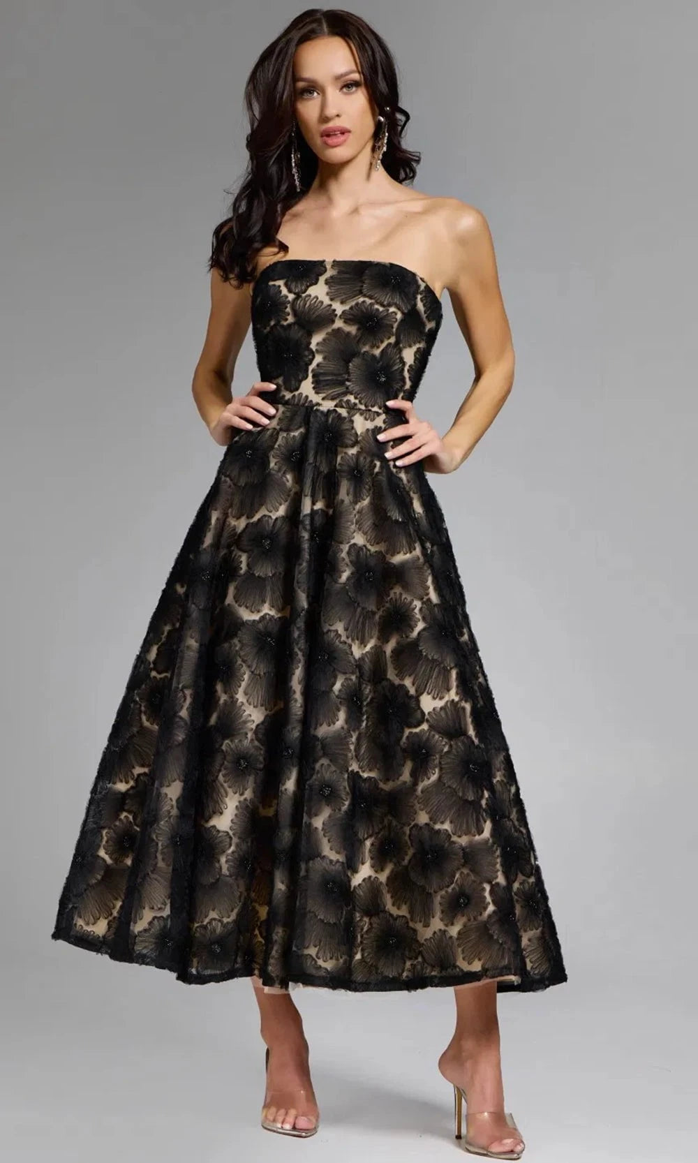 Jovani 41187 - Strapless Floral Embroidered Tea-Length Dress - designer formal gown at Silhouette Dresses