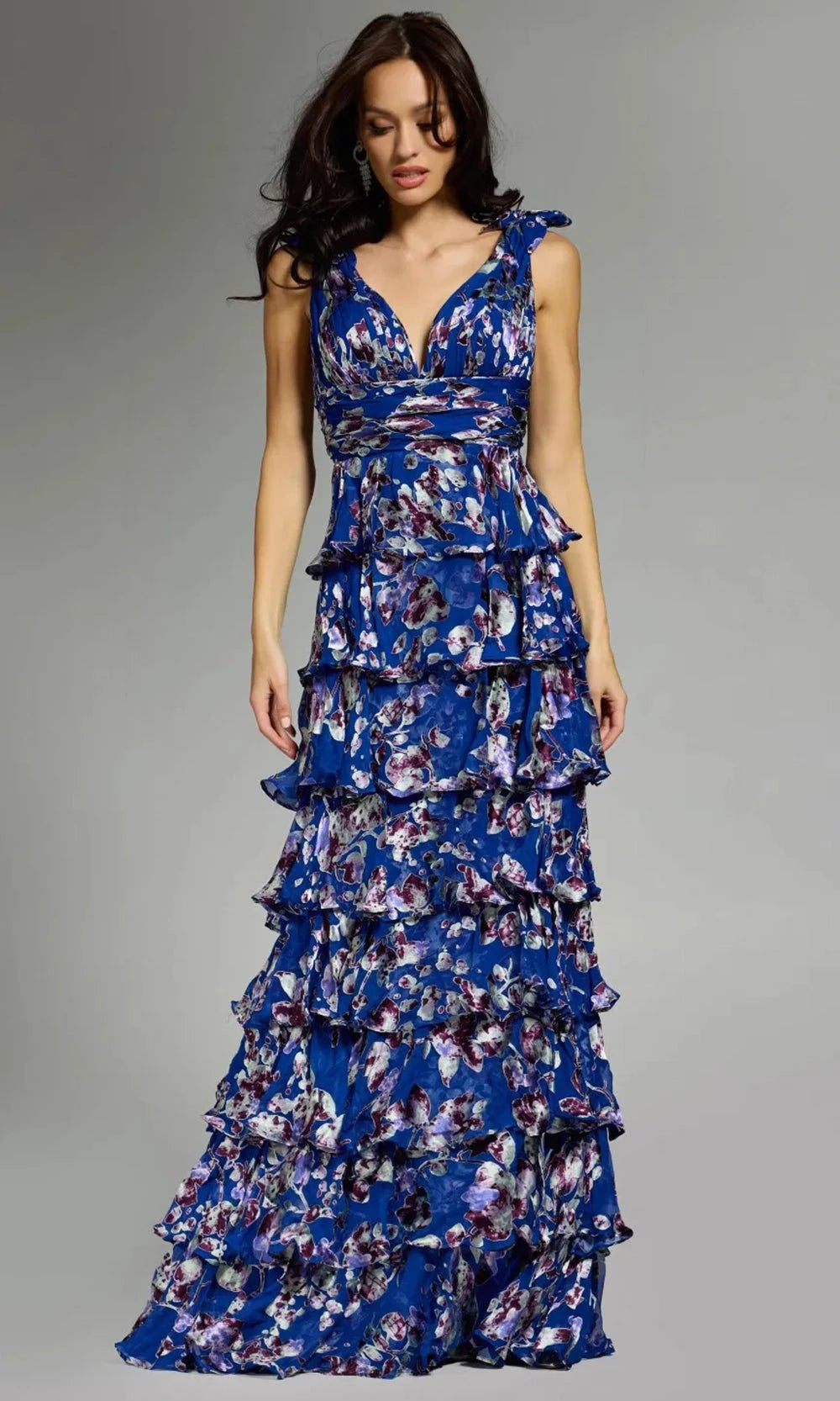 Jovani 42381 - Floral V-Neck Gown with Shoulder Ties - designer evening gown at Silhouette Dresses