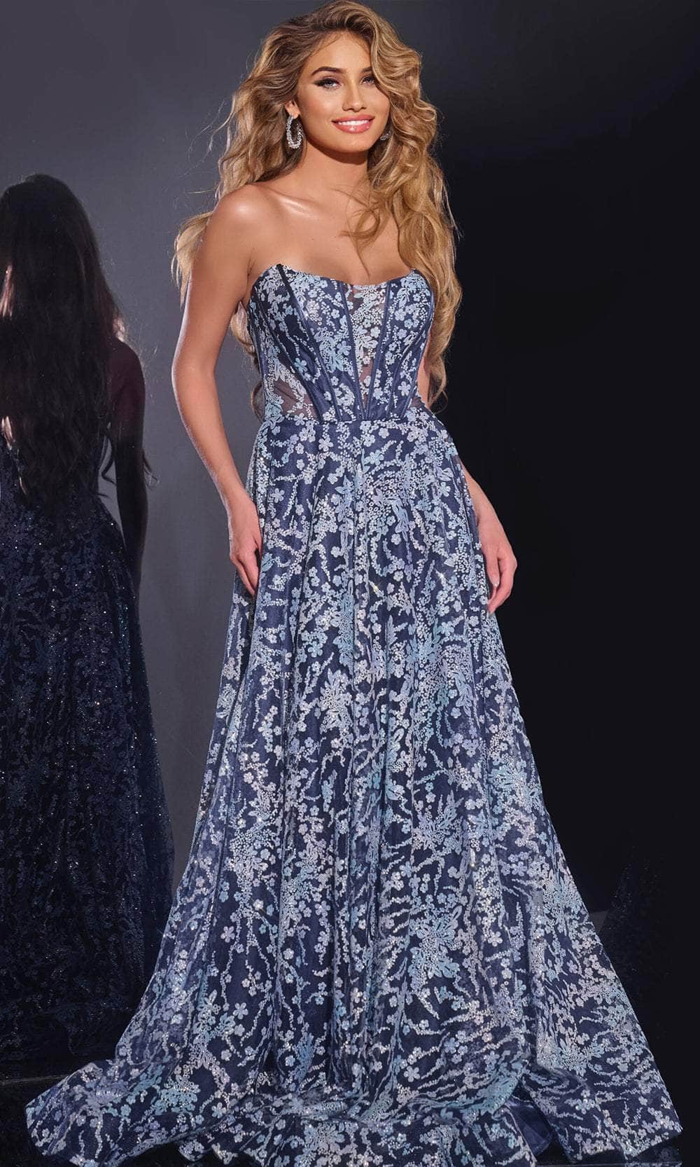 Jovani - Strapless Floral Prom Gown - back view