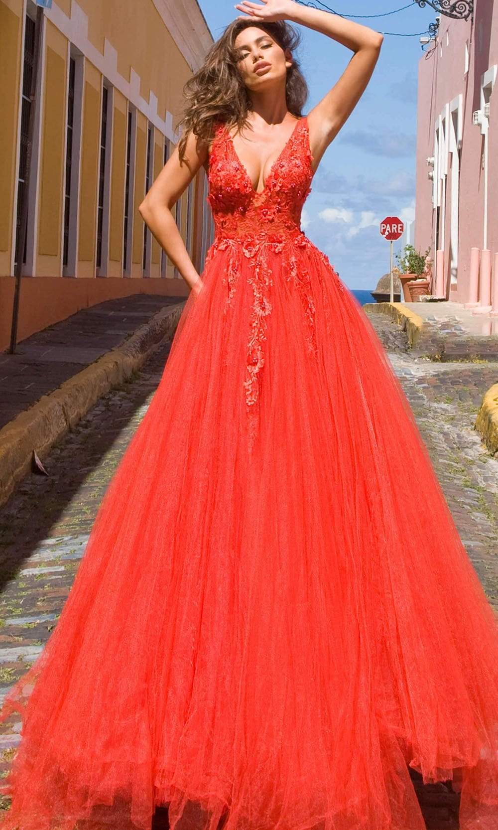 Jovani 55634 Sheer Floral Appliques Junior Prom V-Neck Ballgown - designer ball gown at Silhouette Dresses