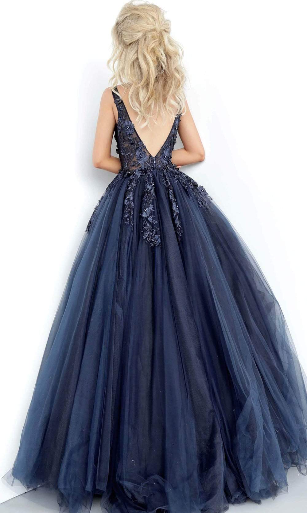 Jovani 55634 Sheer Floral Appliques Junior Prom V-Neck Ballgown - view 10
