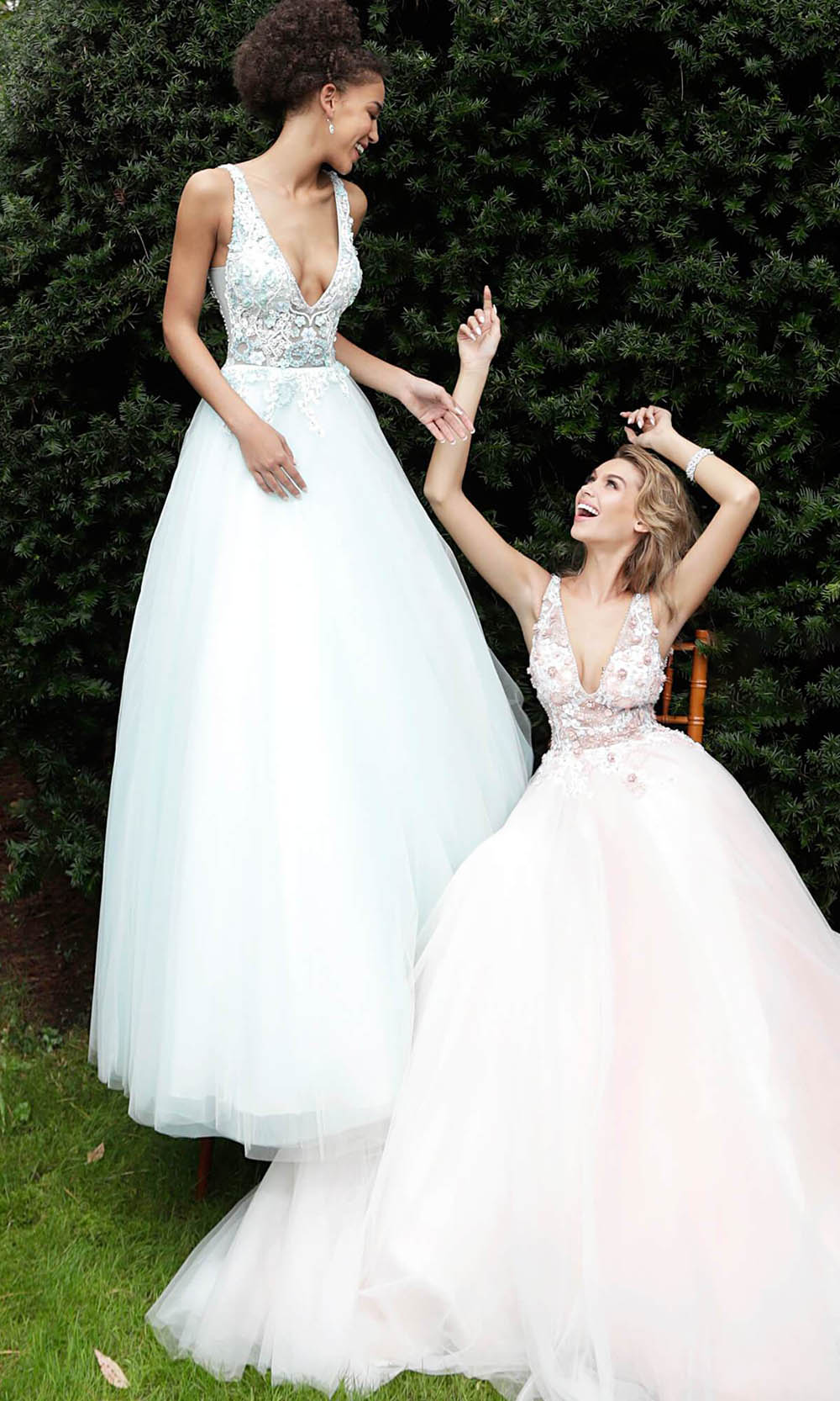 Jovani - 61109 Floral Applique Plunging V-neck Tulle Plus Size Prom Ballgown - view 6