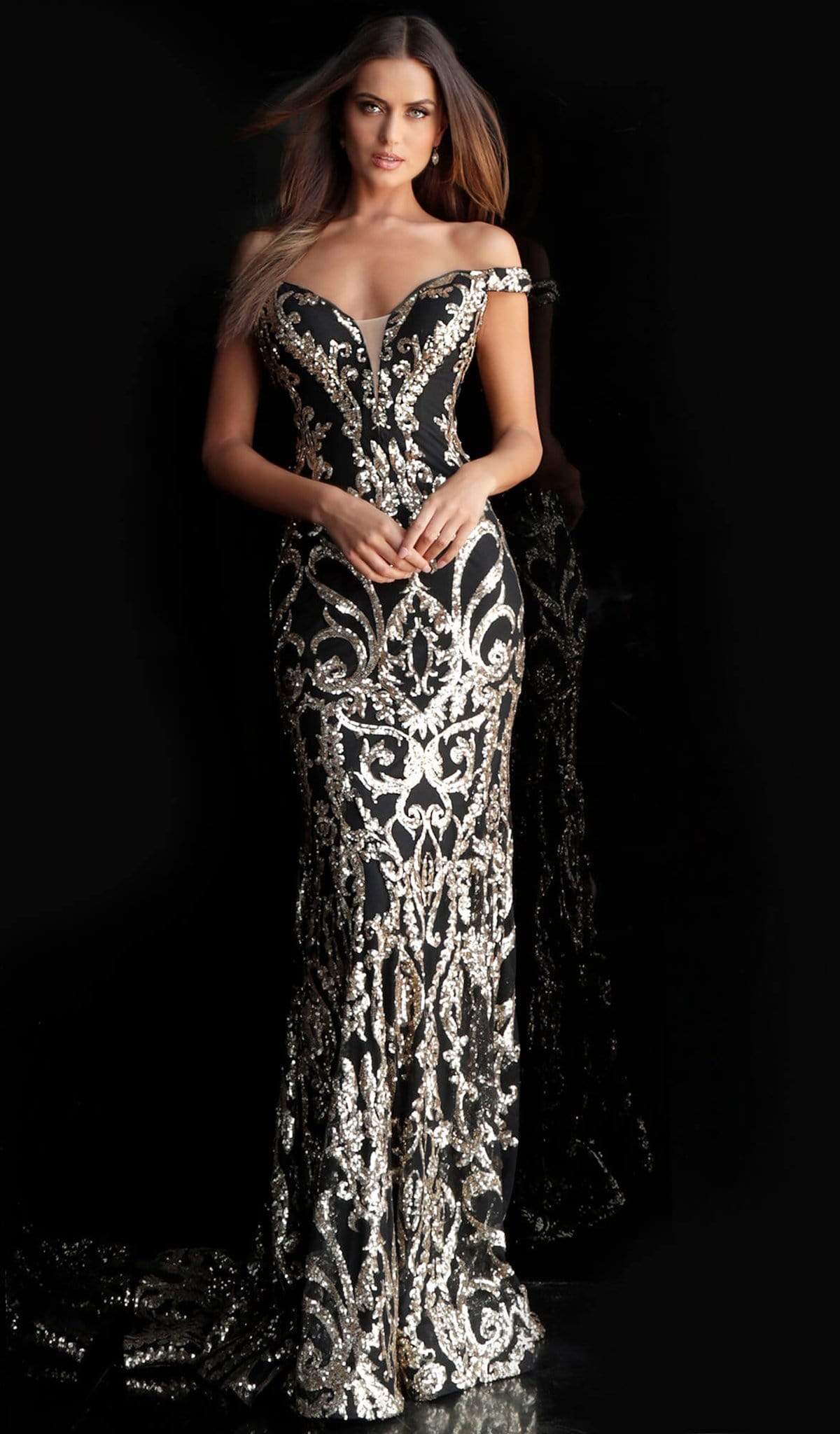 Jovani - 63349 Elaborate Metallic Sequined Off Shoulder Gown - designer evening gown at Silhouette Dresses