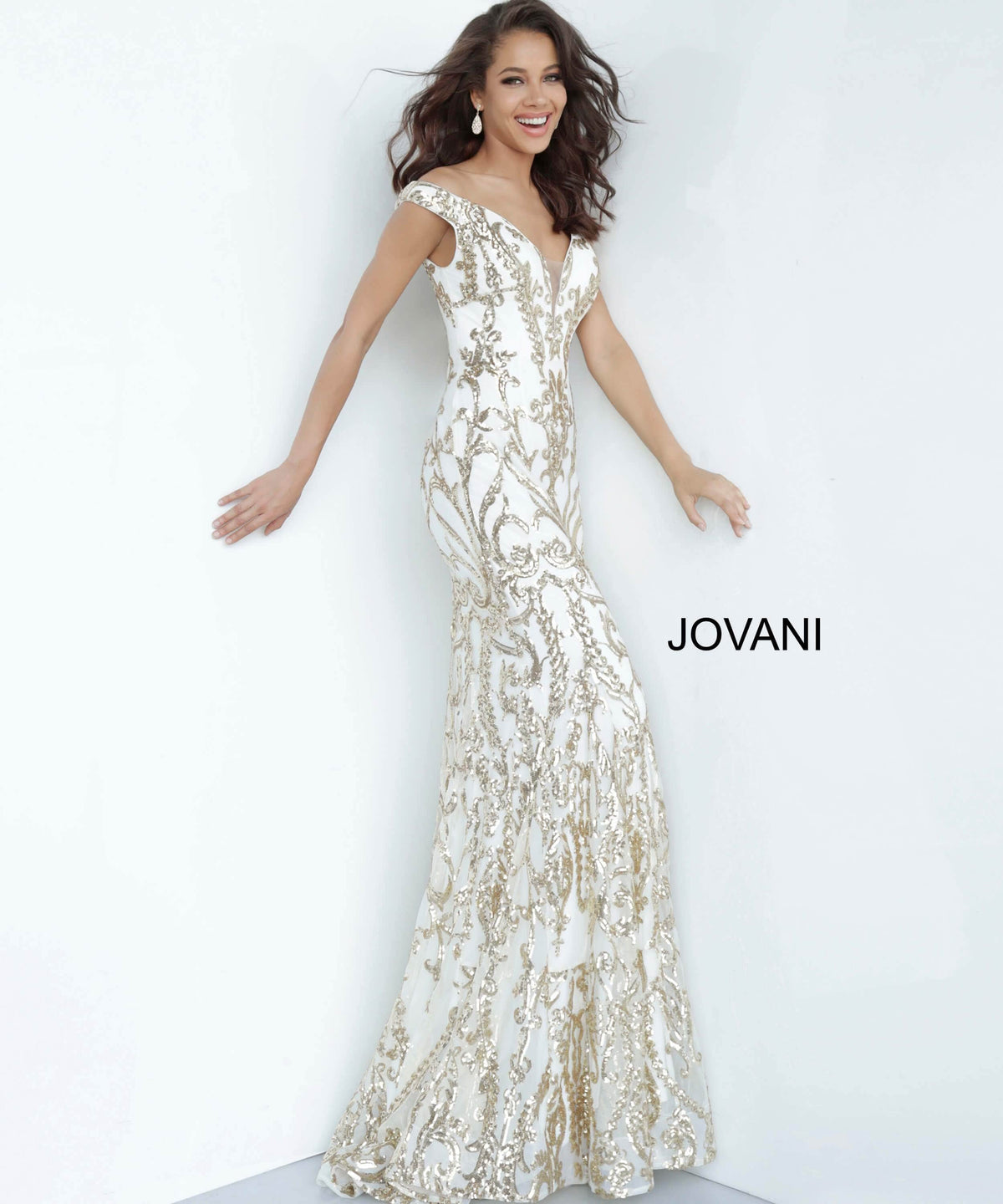 Jovani - 63349 Elaborate Metallic Sequined Off Shoulder Gown - back view