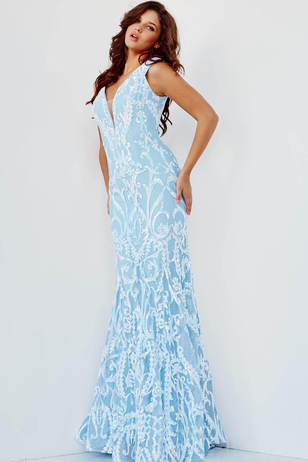 Jovani - 63349 Elaborate Metallic Sequined Off Shoulder Gown - view 8