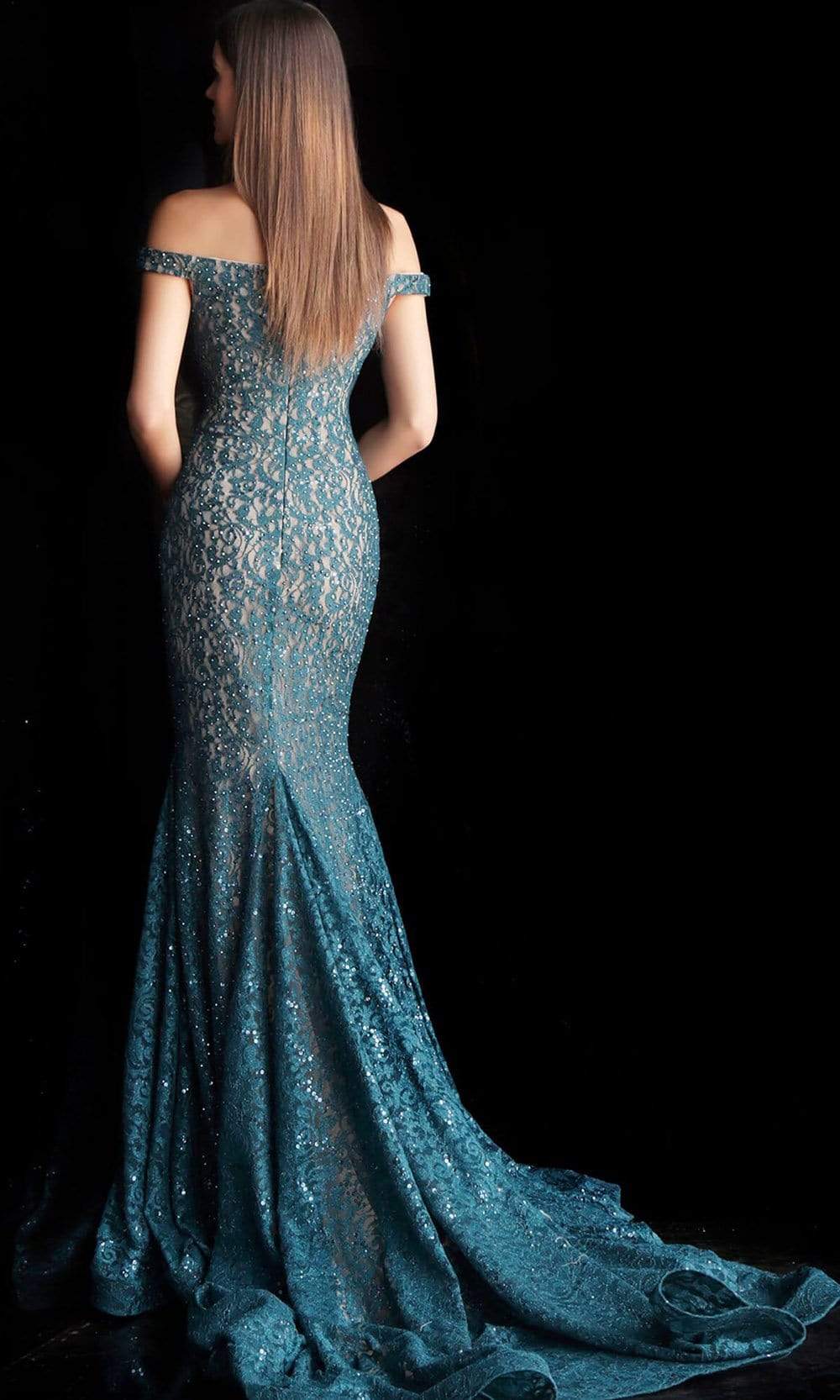 Jovani 64521 Lace Off-Shoulder Mermaid Dress With Train - detail view