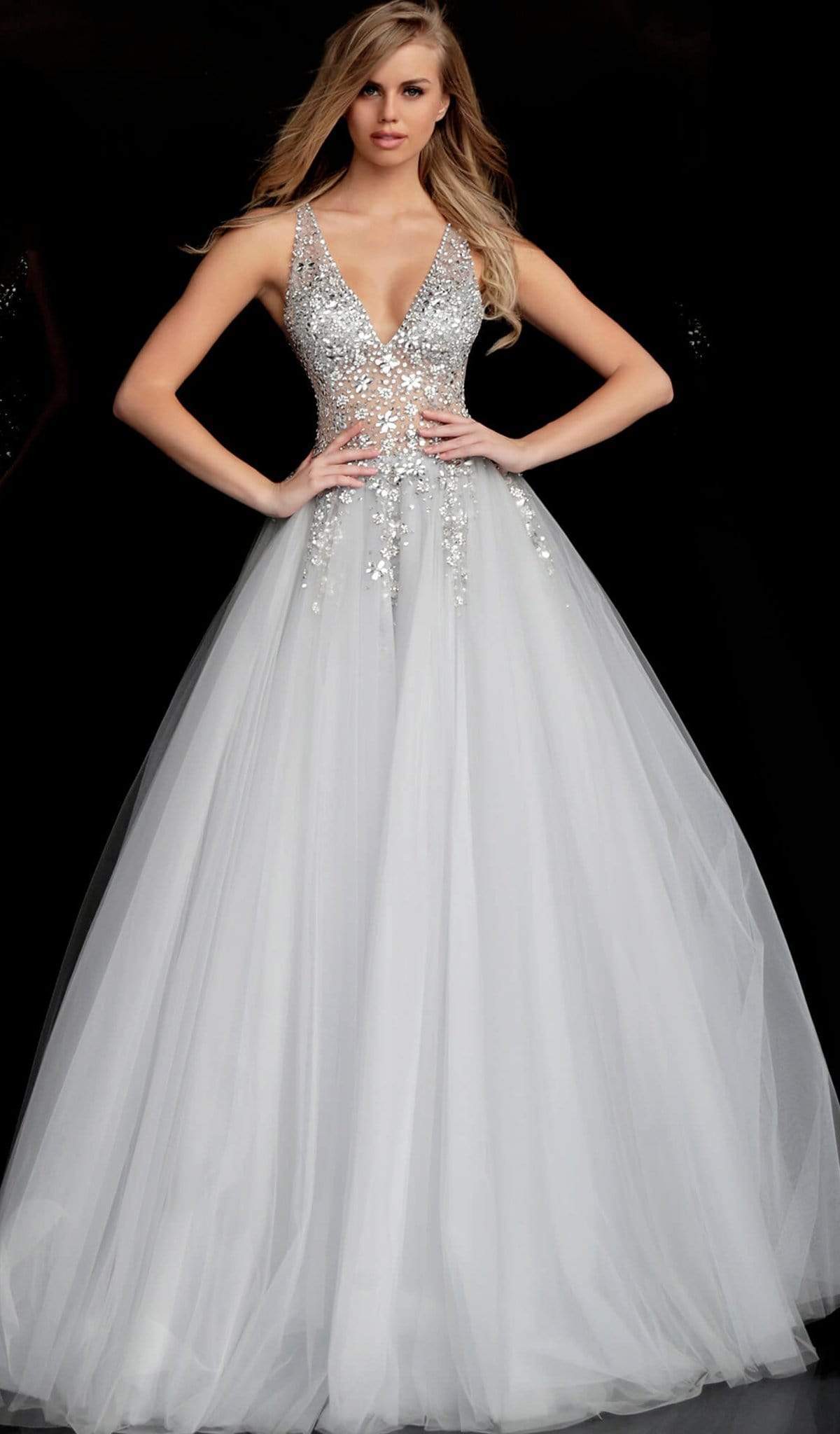 Jovani 65379 - Crystal Embellished Plunging V-neck Ballgown - designer ball gown at Silhouette Dresses
