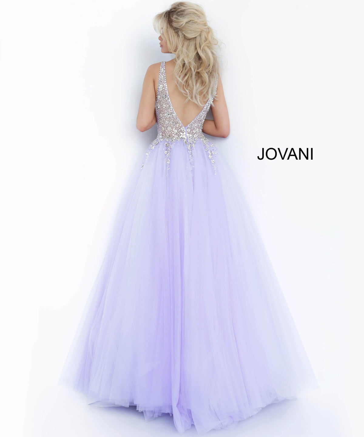 Jovani 65379 - Crystal Embellished Plunging V-neck Ballgown - view 4