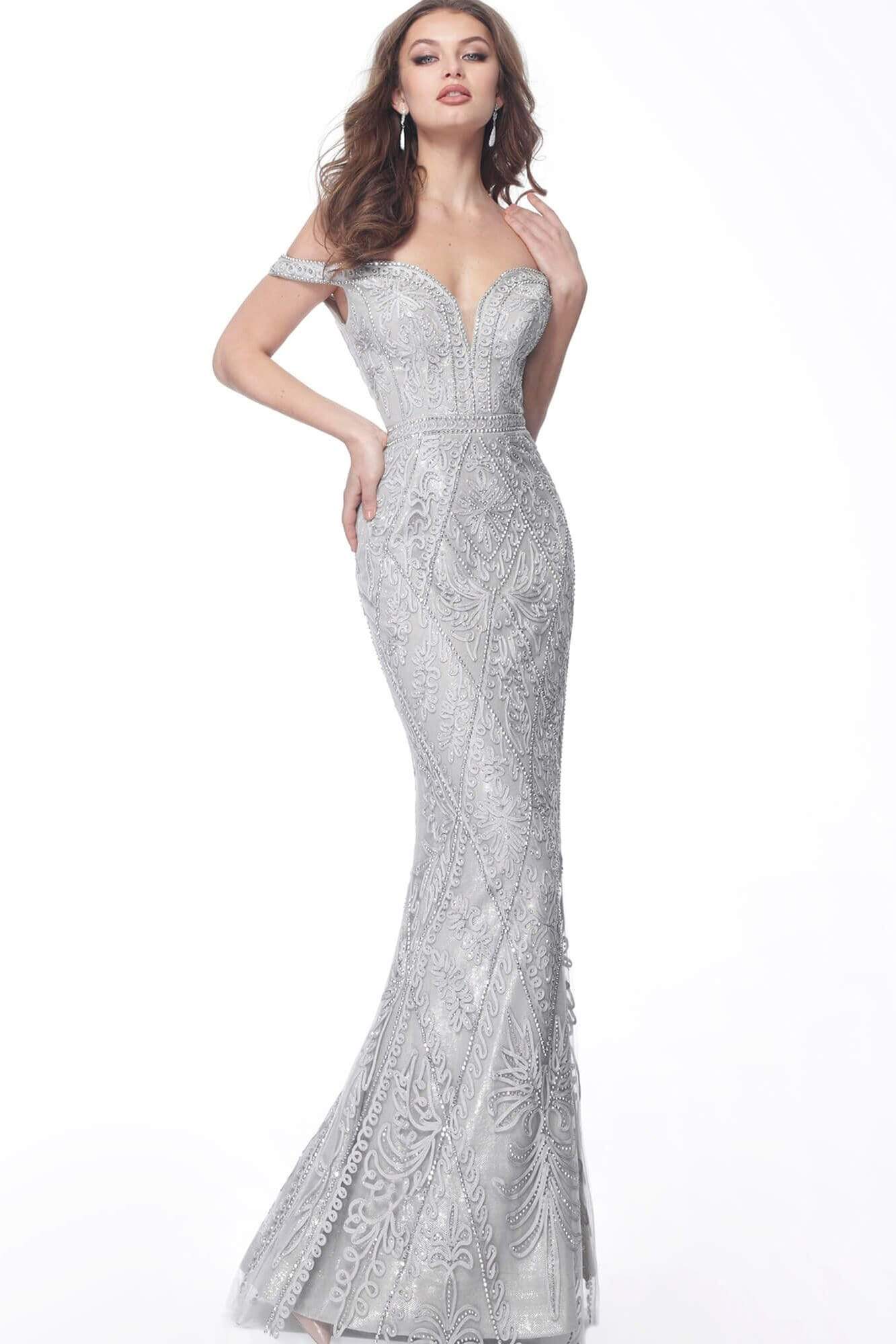 Jovani - 68130 Embroidered Deep Off-Shoulder Trumpet Dress - designer prom dress at Silhouette Dresses