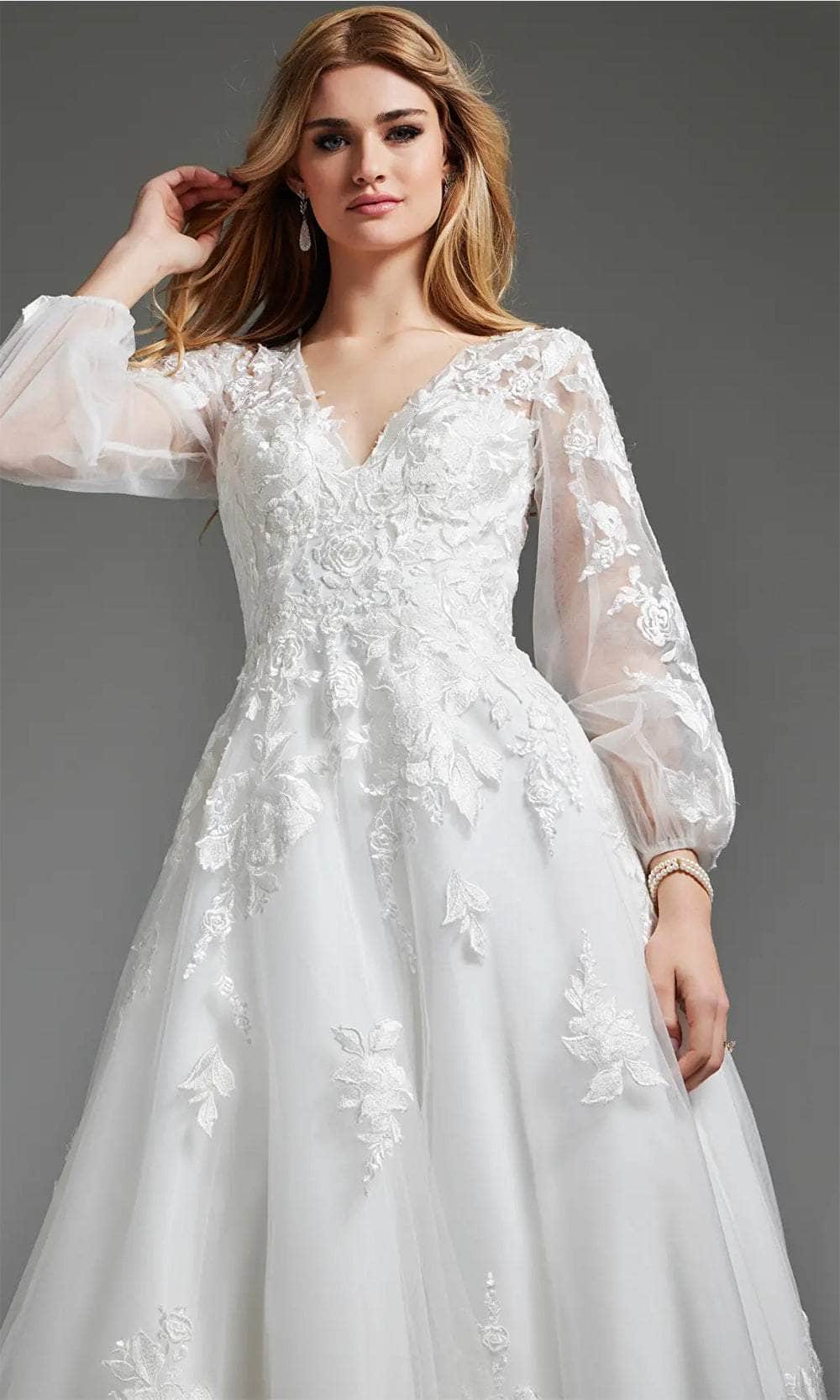 Jovani JB25731 - Applique Bishop Sleeve Bridal Gown - view 4