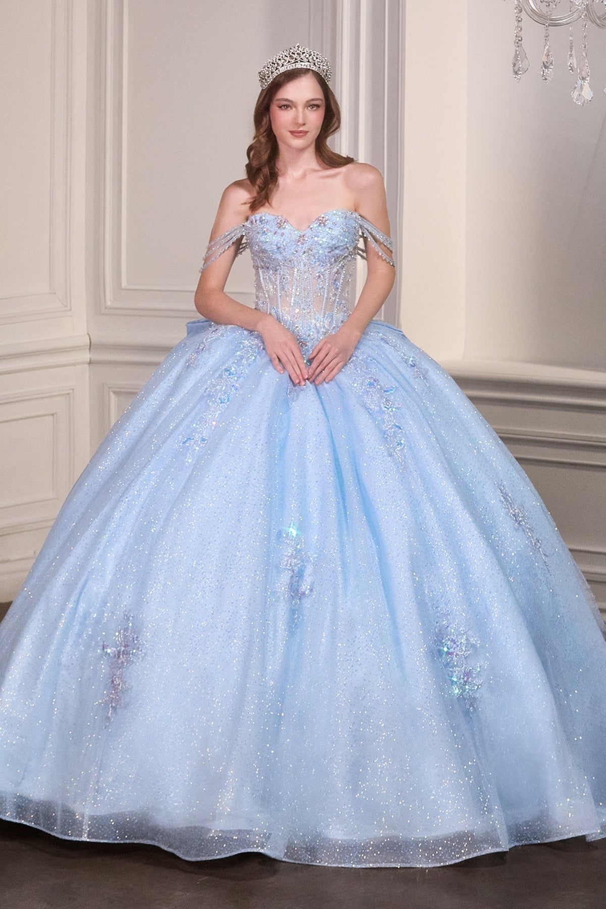Ladivine 15735 - Off Shoulder Beaded Corset Ballgown - Silhouette Dresses
