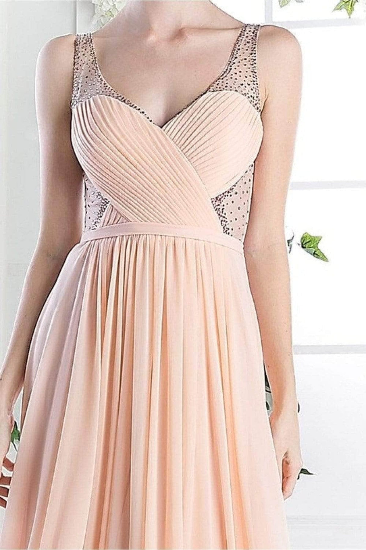 Ladivine 5061 - Crisscrossed Adorned Illusion Panel Gown