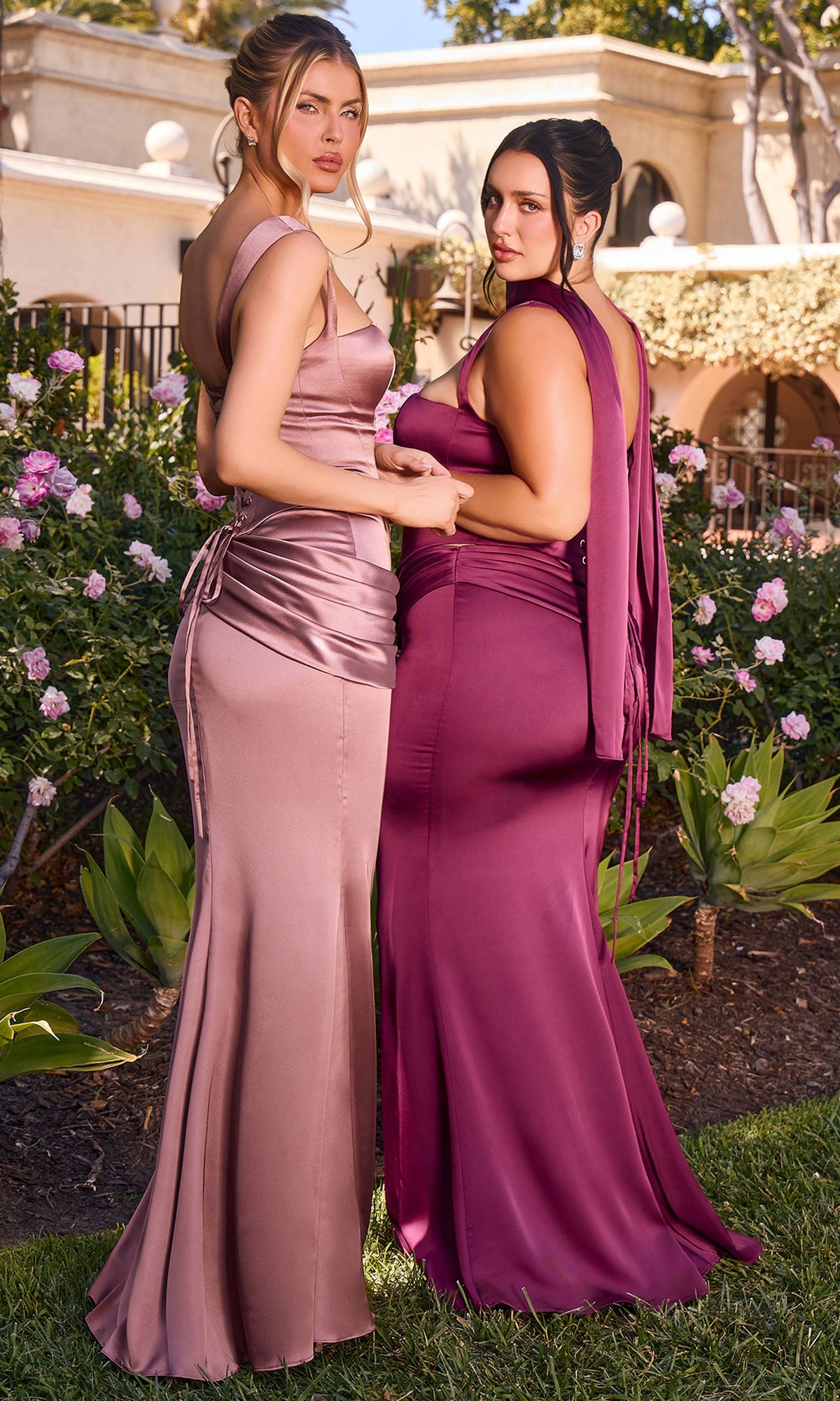 Ladivine 7437 Wide Strap Draped Satin Dress