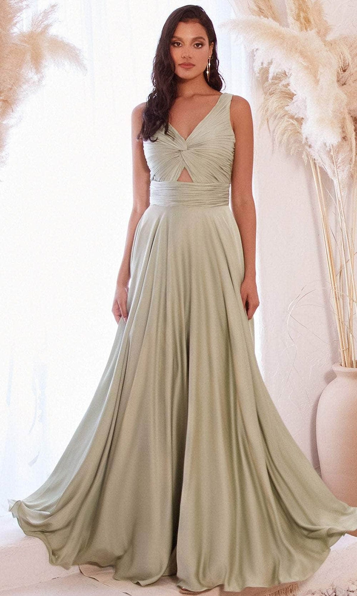 Ladivine 7497 - Ruched Knotted V-Neck Prom Gown
