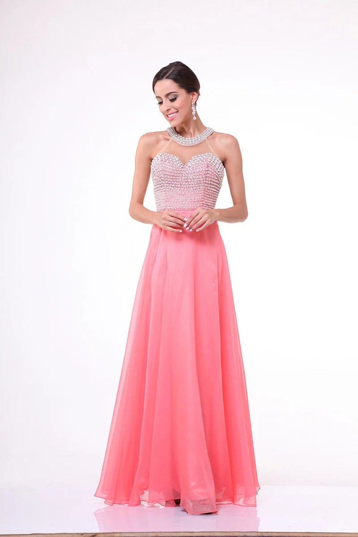Ladivine 8107 - Pearl Adorned Bodice Chiffon Gown