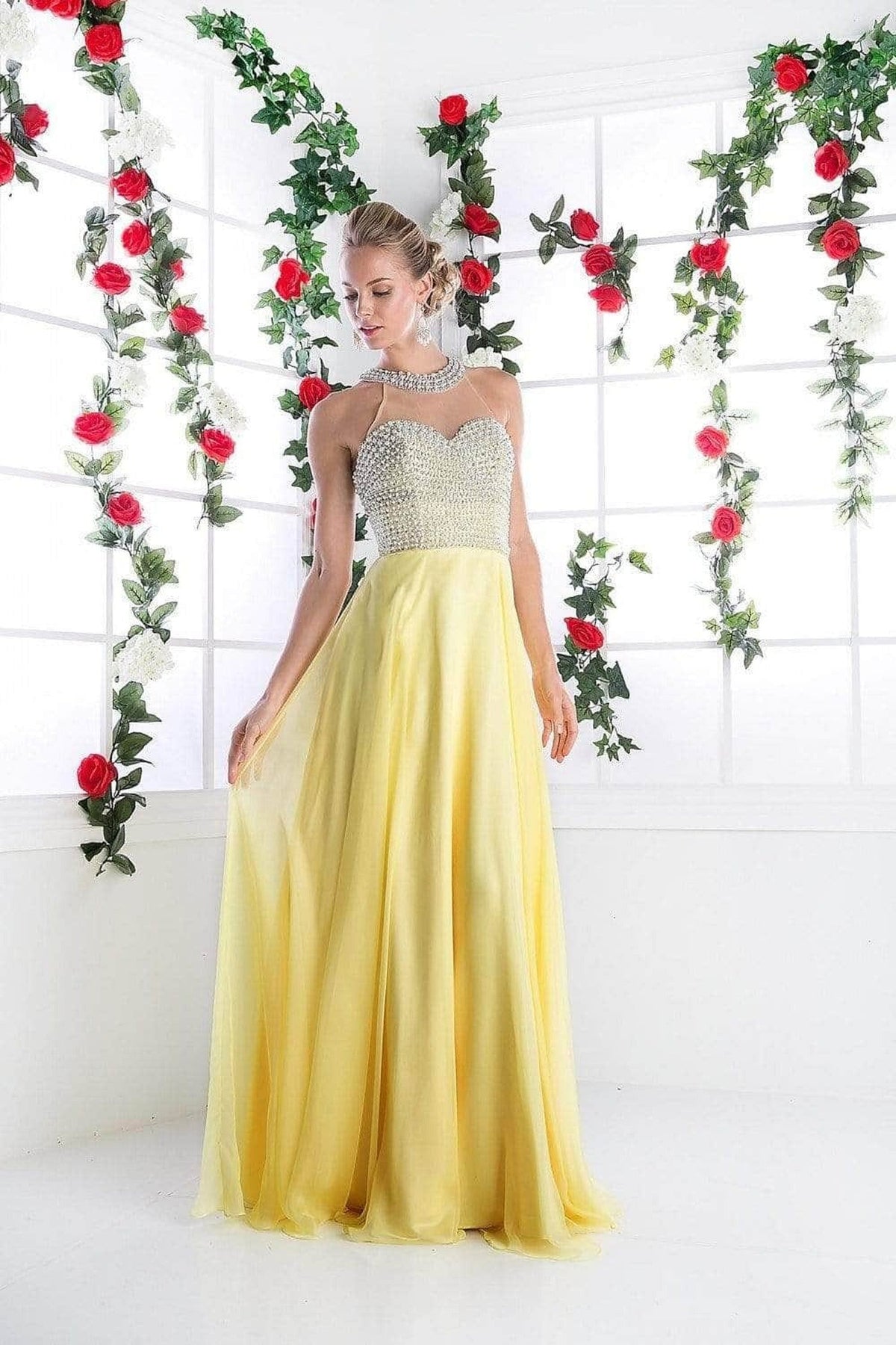 Ladivine 8107 - Pearl Adorned Bodice Chiffon Gown