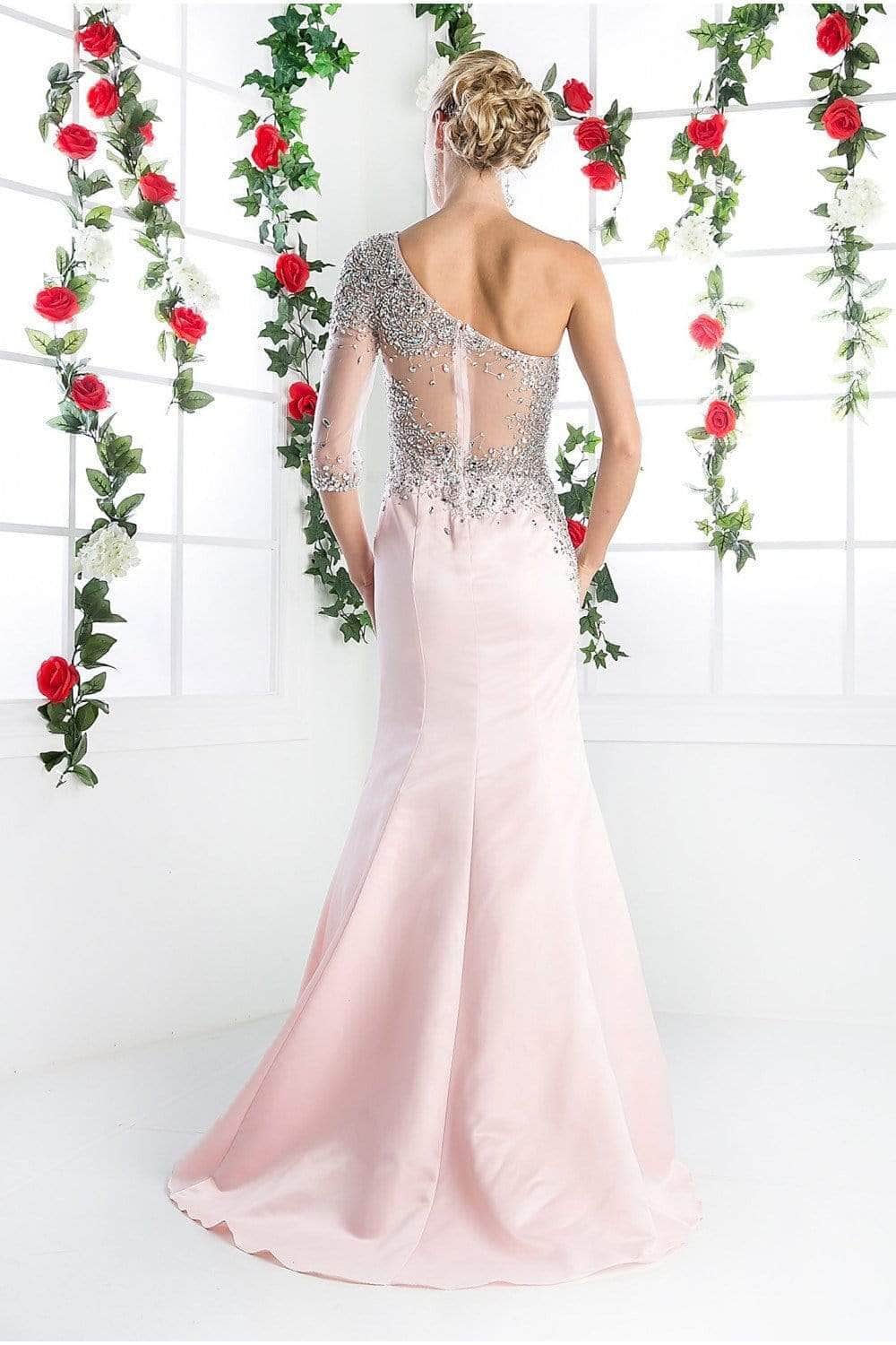 Ladivine 8789 - Embellished Asymmetric Neck Trumpet Dress