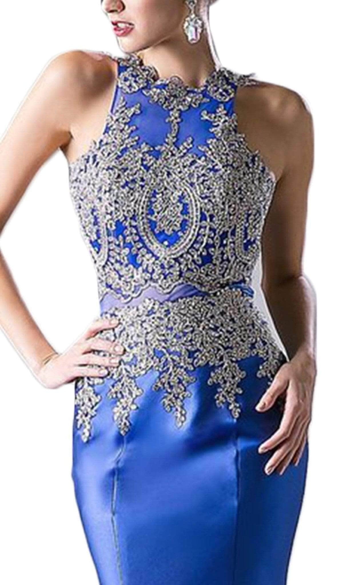 Ladivine 8934 - Metallic Lace High Neck Mermaid Evening Gown
