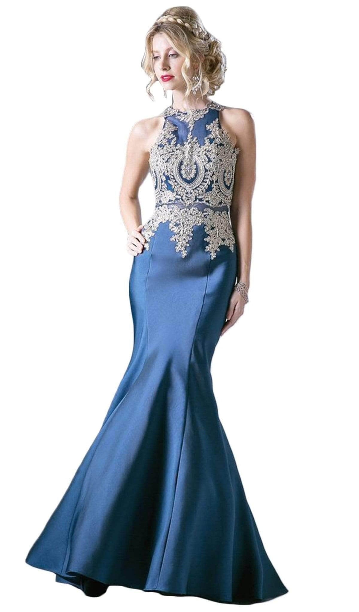 Ladivine 8934 - Metallic Lace High Neck Mermaid Evening Gown