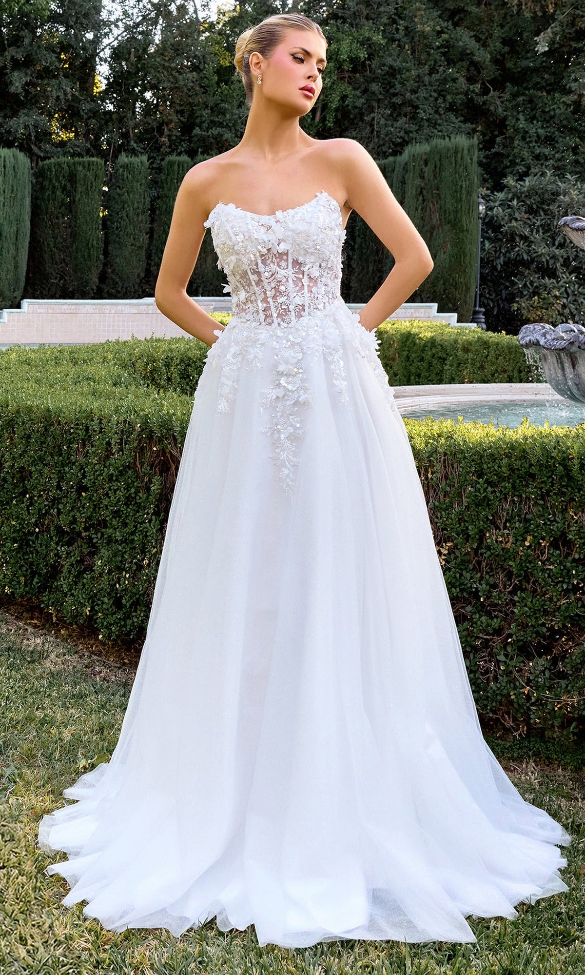 Ladivine C174 - Strapless Floral Applique A-Line Evening Gown