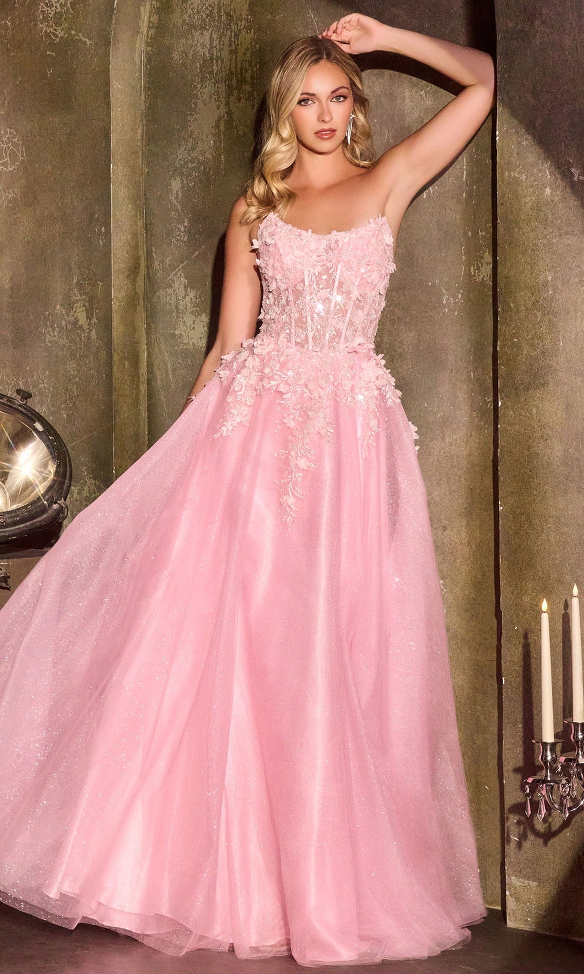 Ladivine C174 - Strapless Floral Applique A-Line Evening Gown