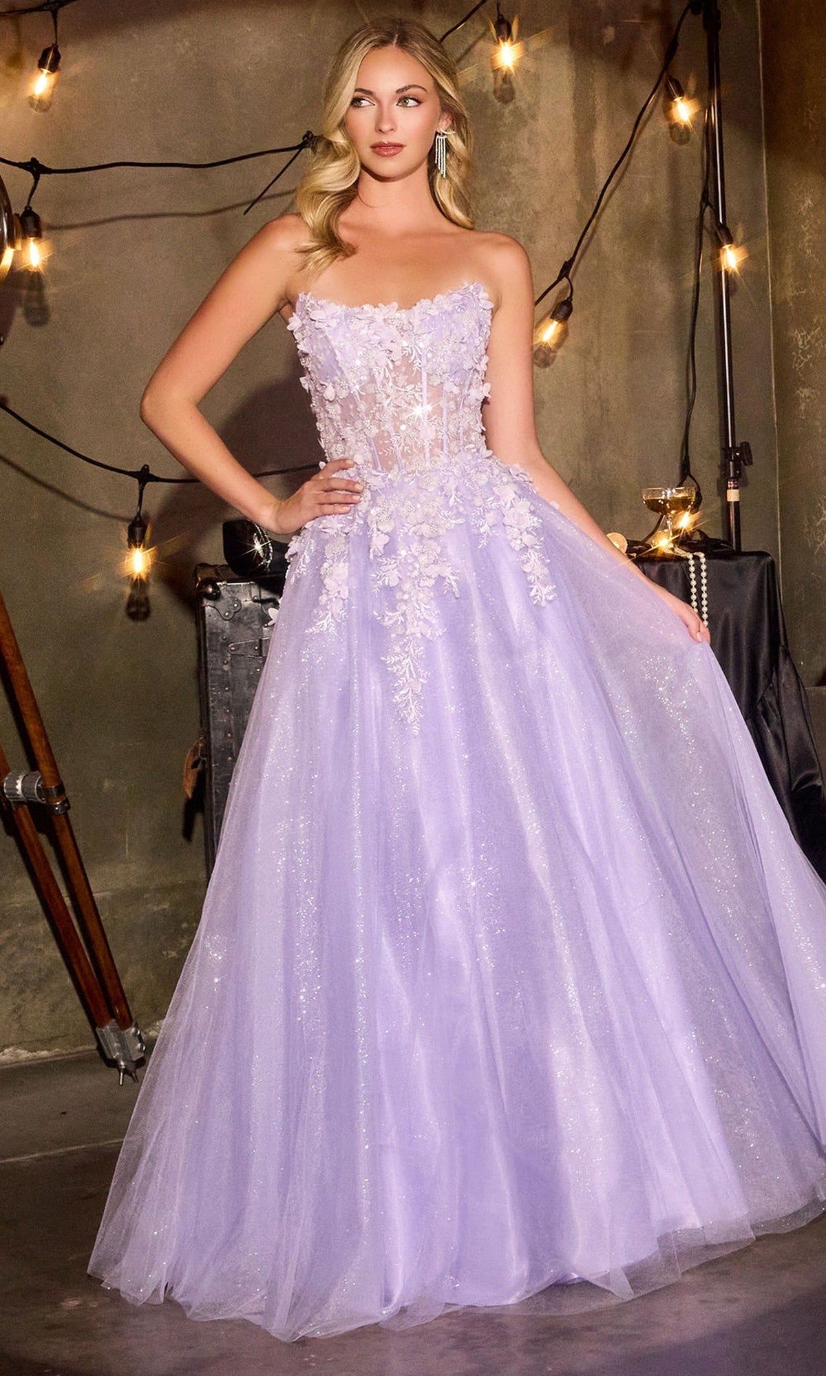 Ladivine C174 - Strapless Floral Applique A-Line Evening Gown