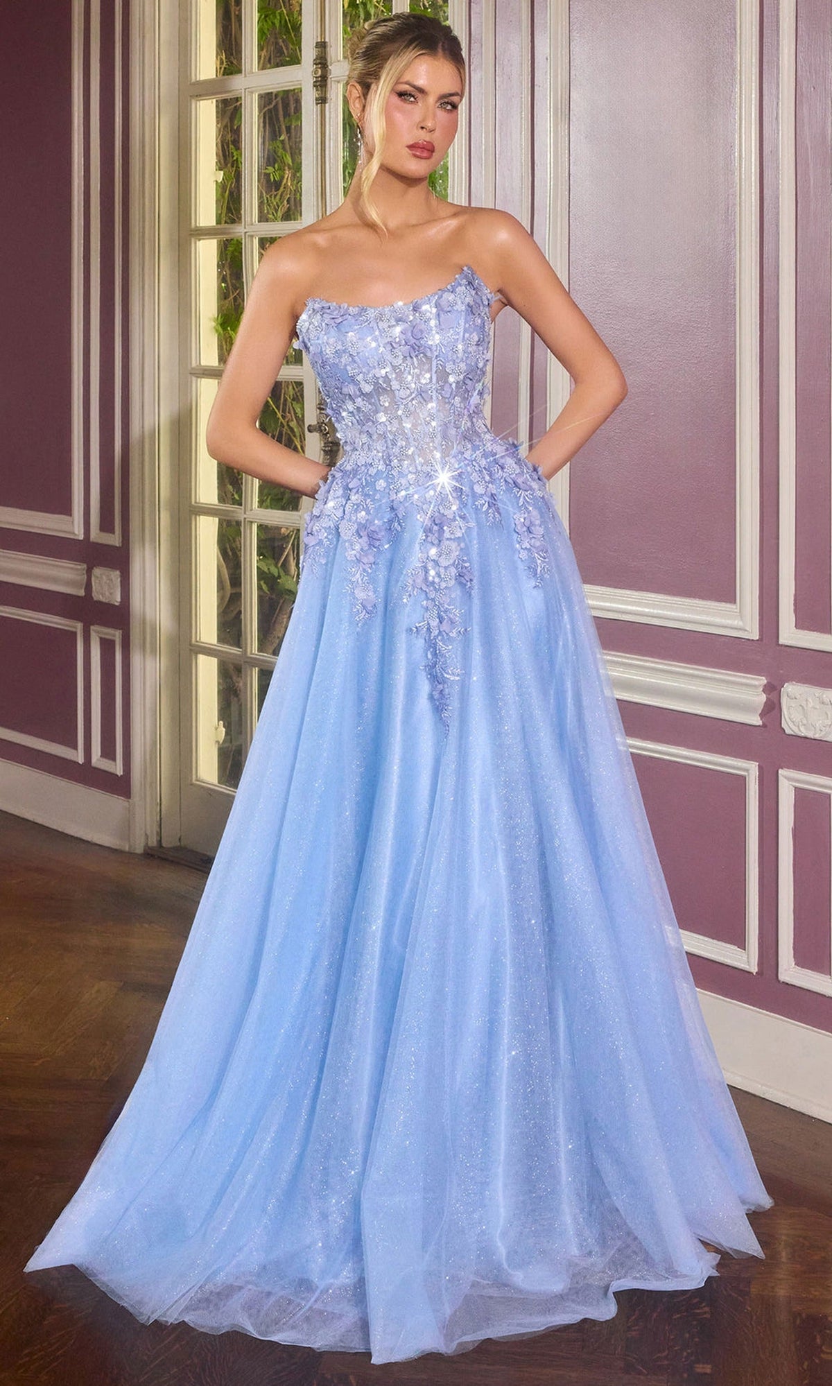 Ladivine C174 - Strapless Floral Applique A-Line Evening Gown