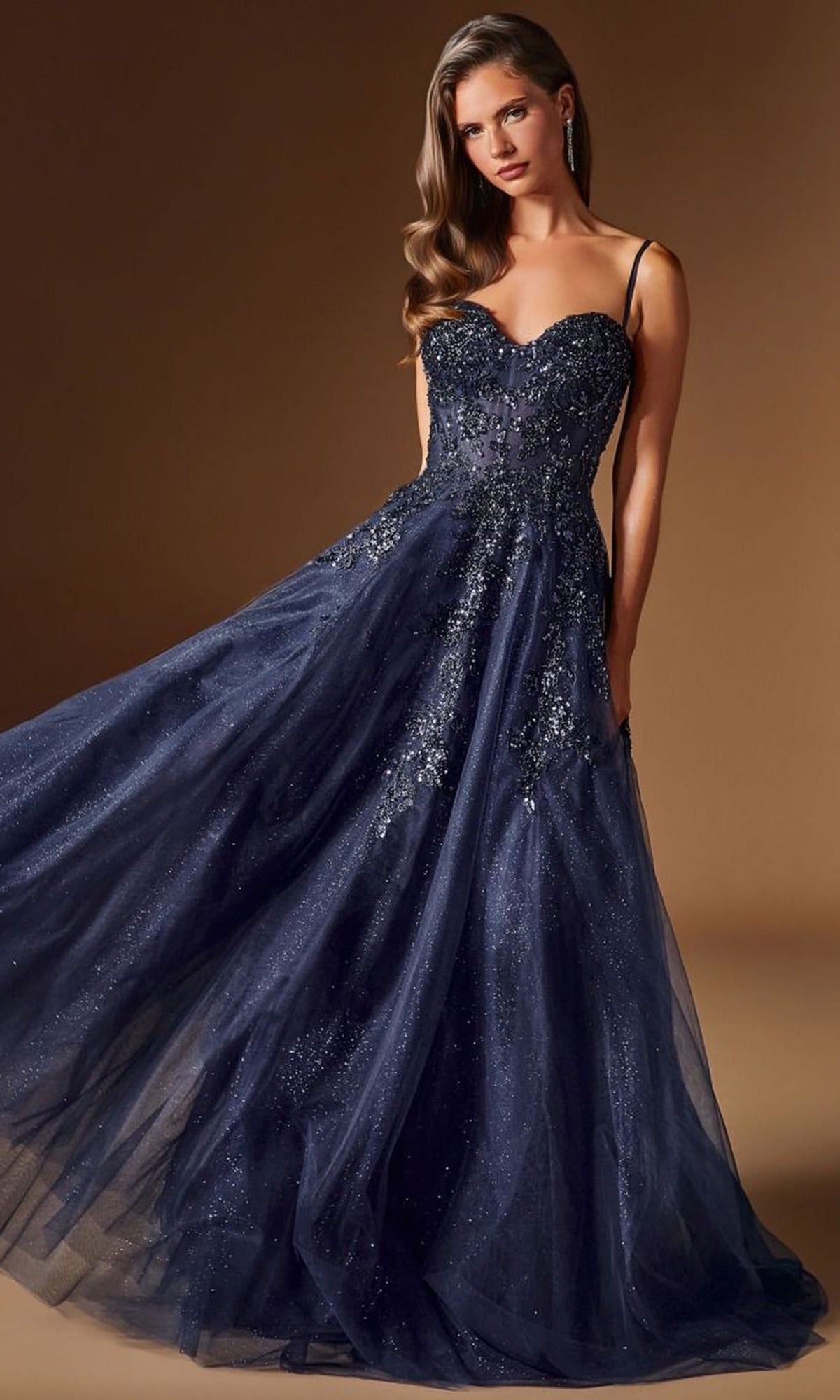 Ladivine C177 - Sweetheart Embellished Glitter Tulle Prom Gown