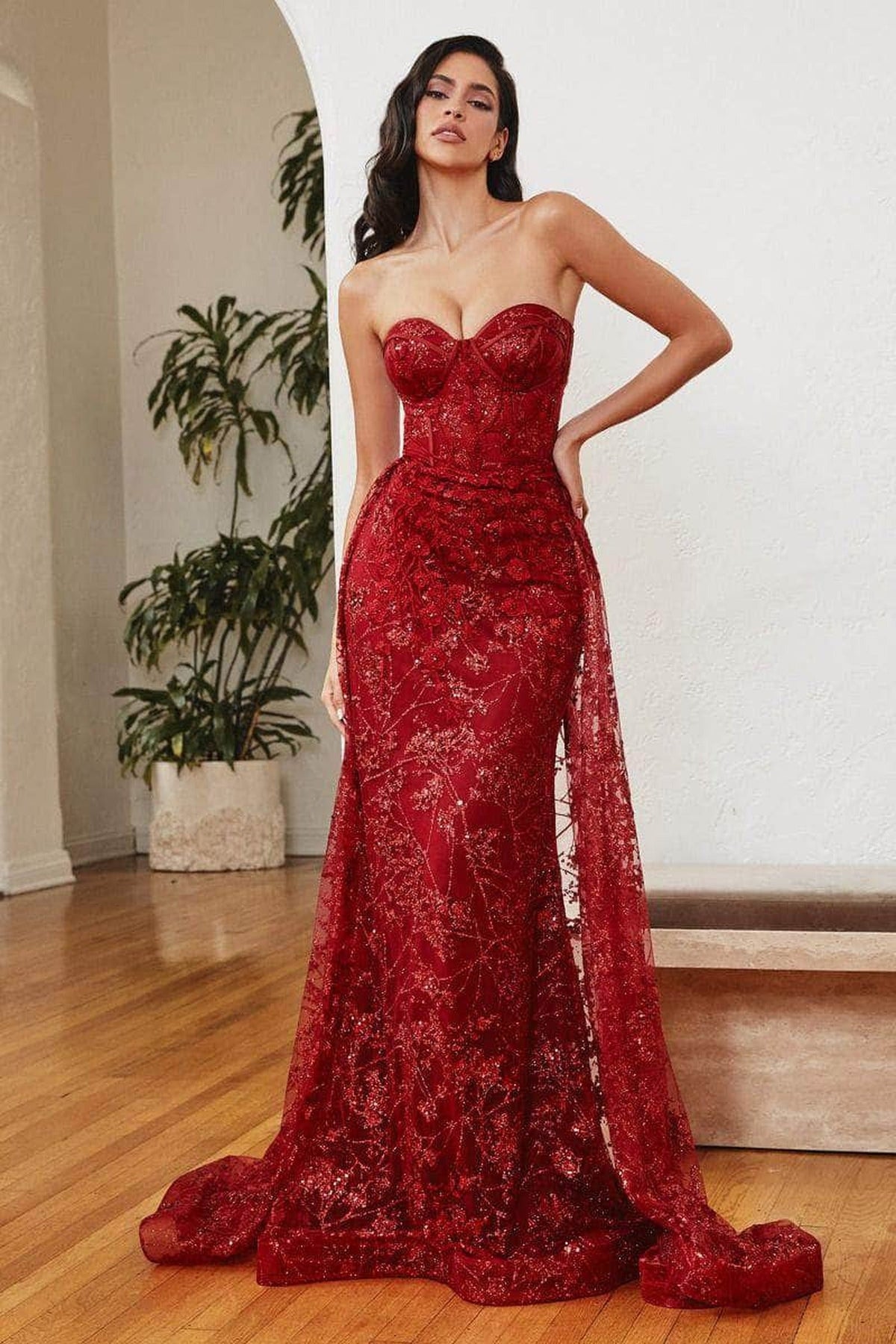Ladivine CB046 - Strapless Glitter Bustier Gown