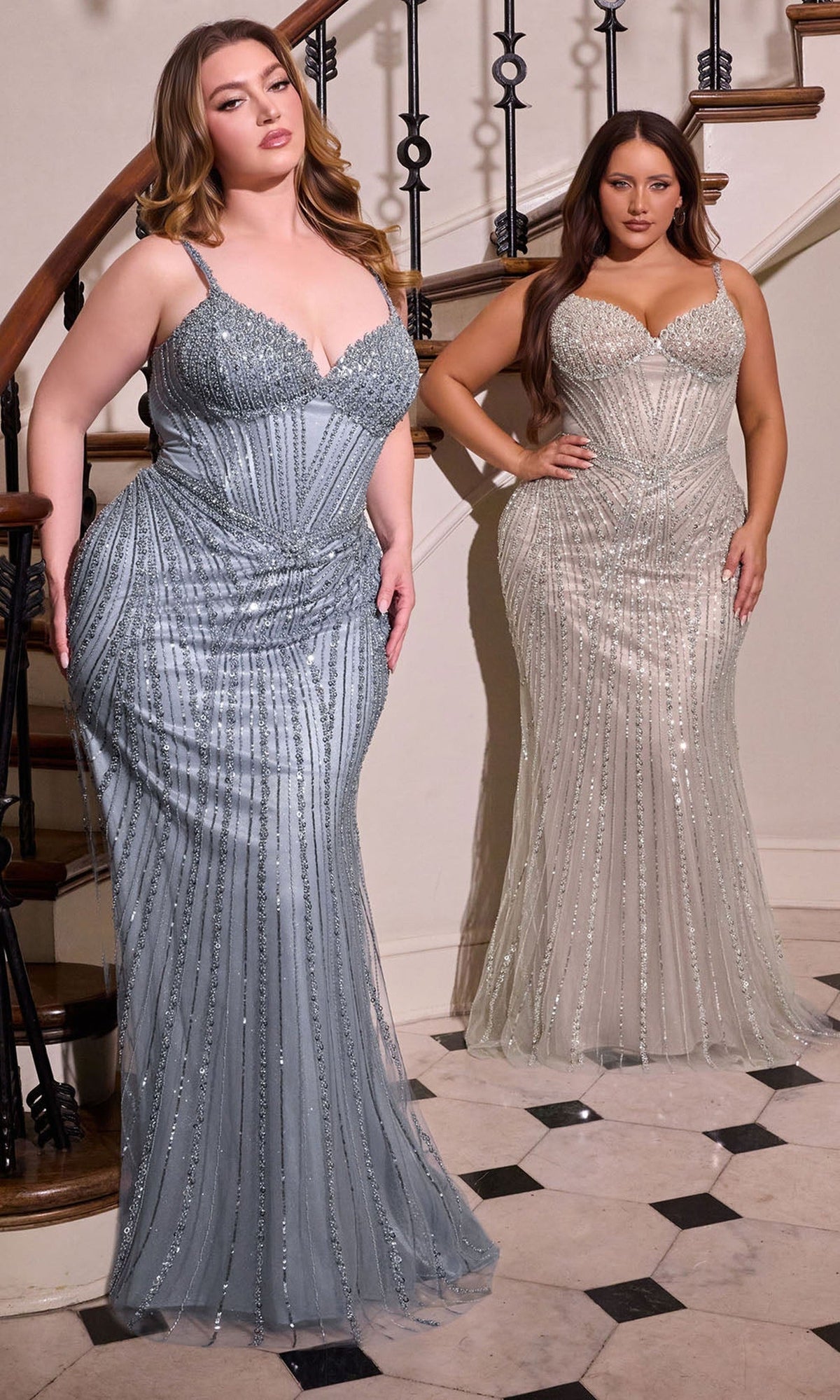 Ladivine CC398C - Fully Beaded Mesh Corset Evening Gown