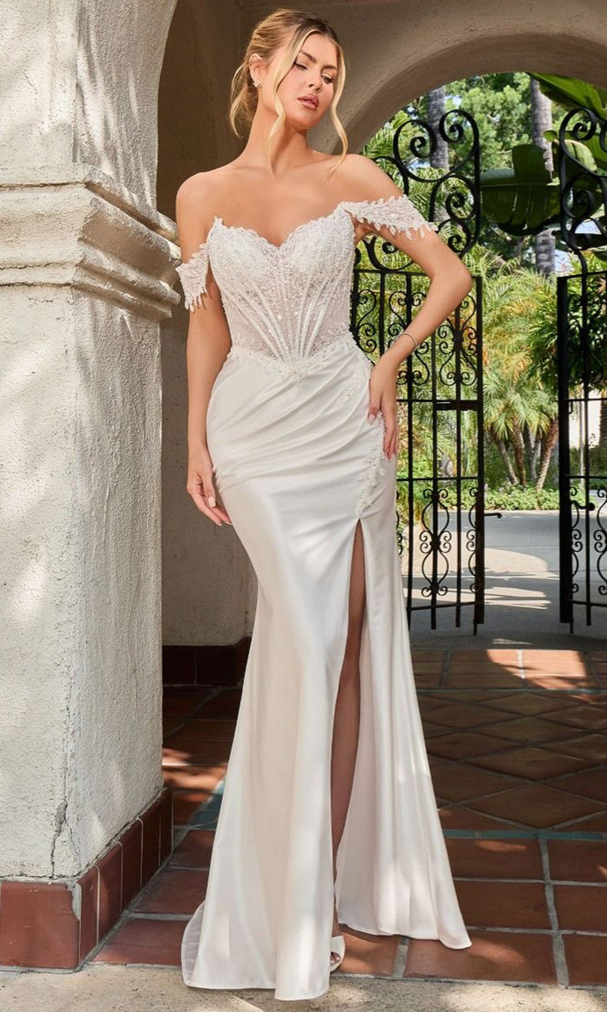 Ladivine CC456W - Off Shoulder Beaded Applique Bridal Dress