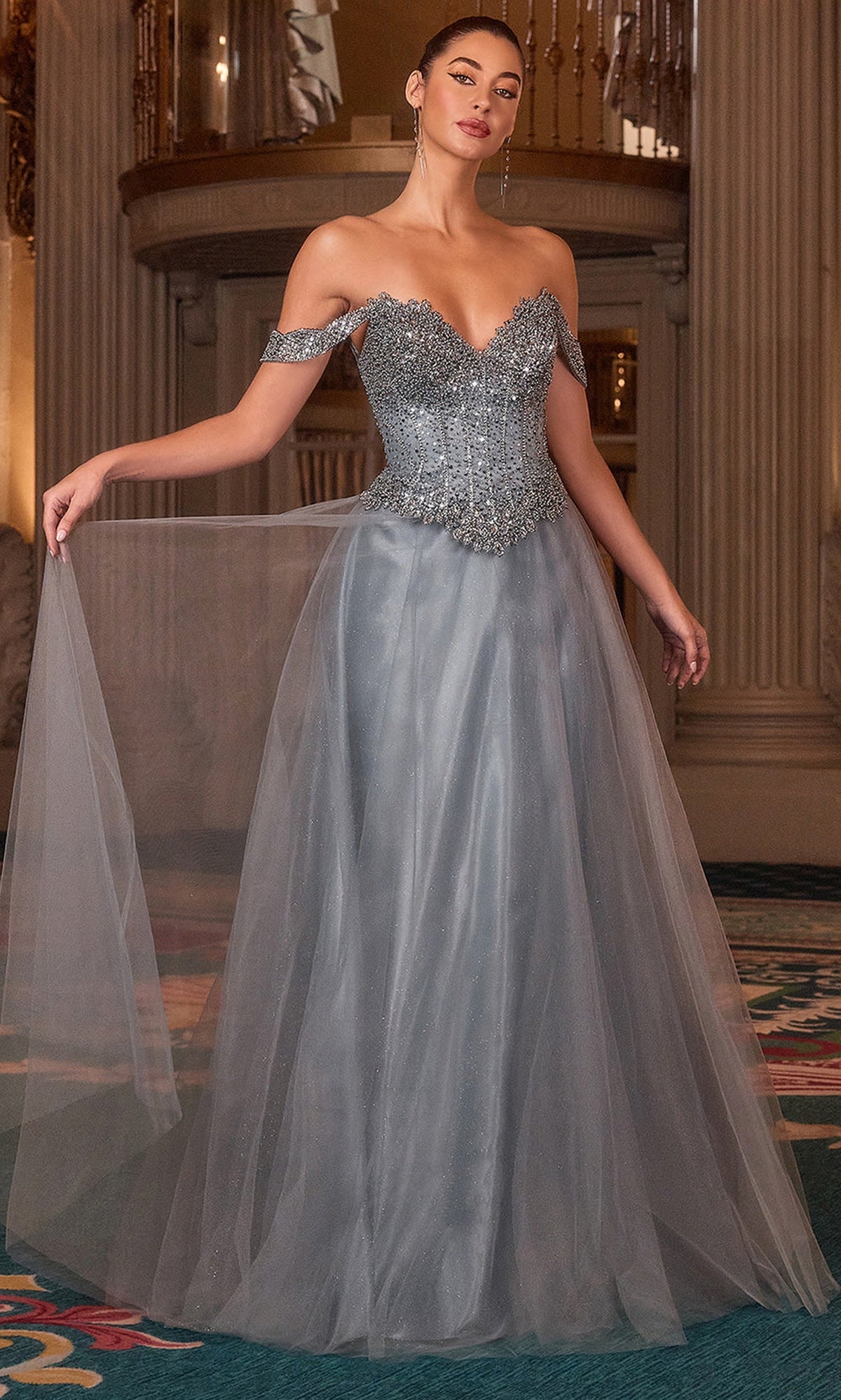 Ladivine CC471 - Beaded Top Off-Shoulder Evening Gown