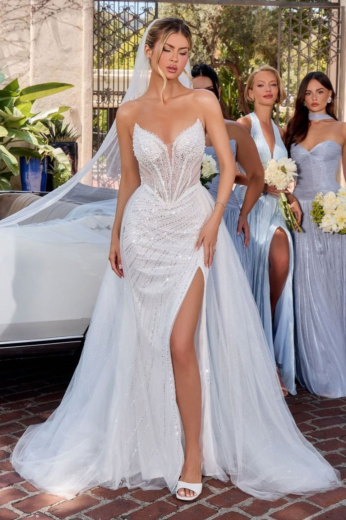 Ladivine CC492W - Plunging V-Neck Bridal Dress with Overskirt