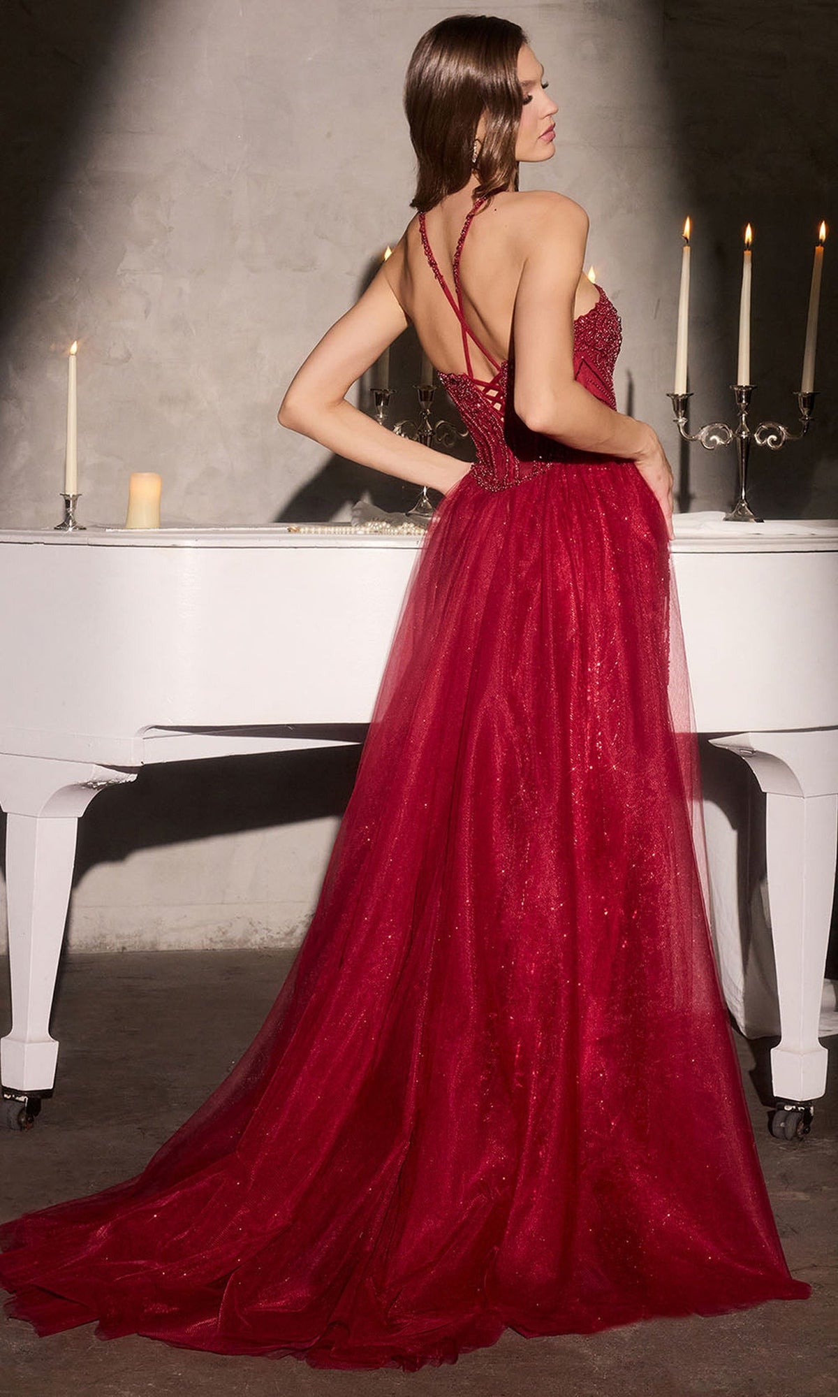Ladivine CC495 - Halter Crossover Neckline Beaded Gown