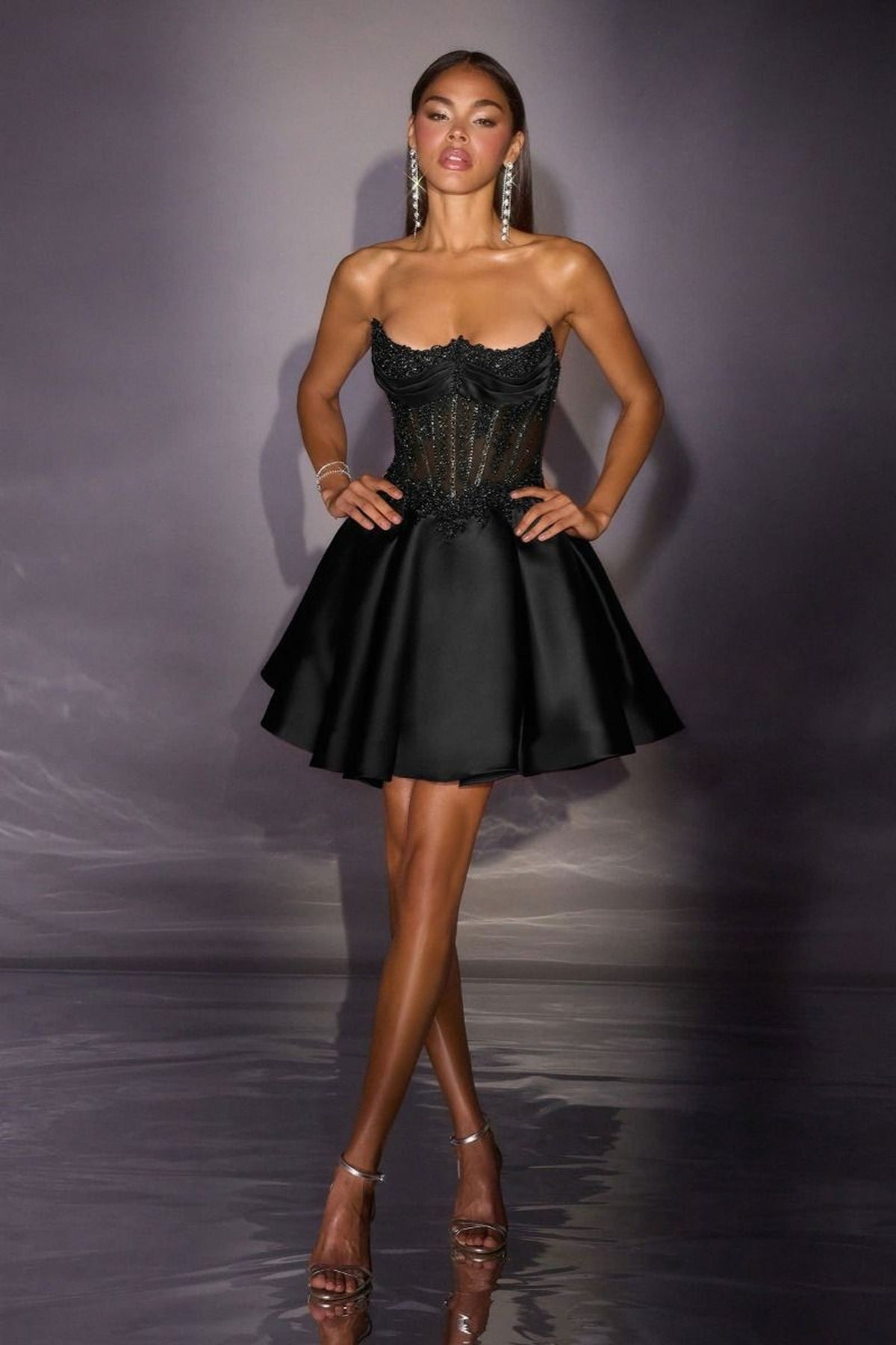 Ladivine CC502 - Beaded Corset Pleated A-Line Cocktail Dress