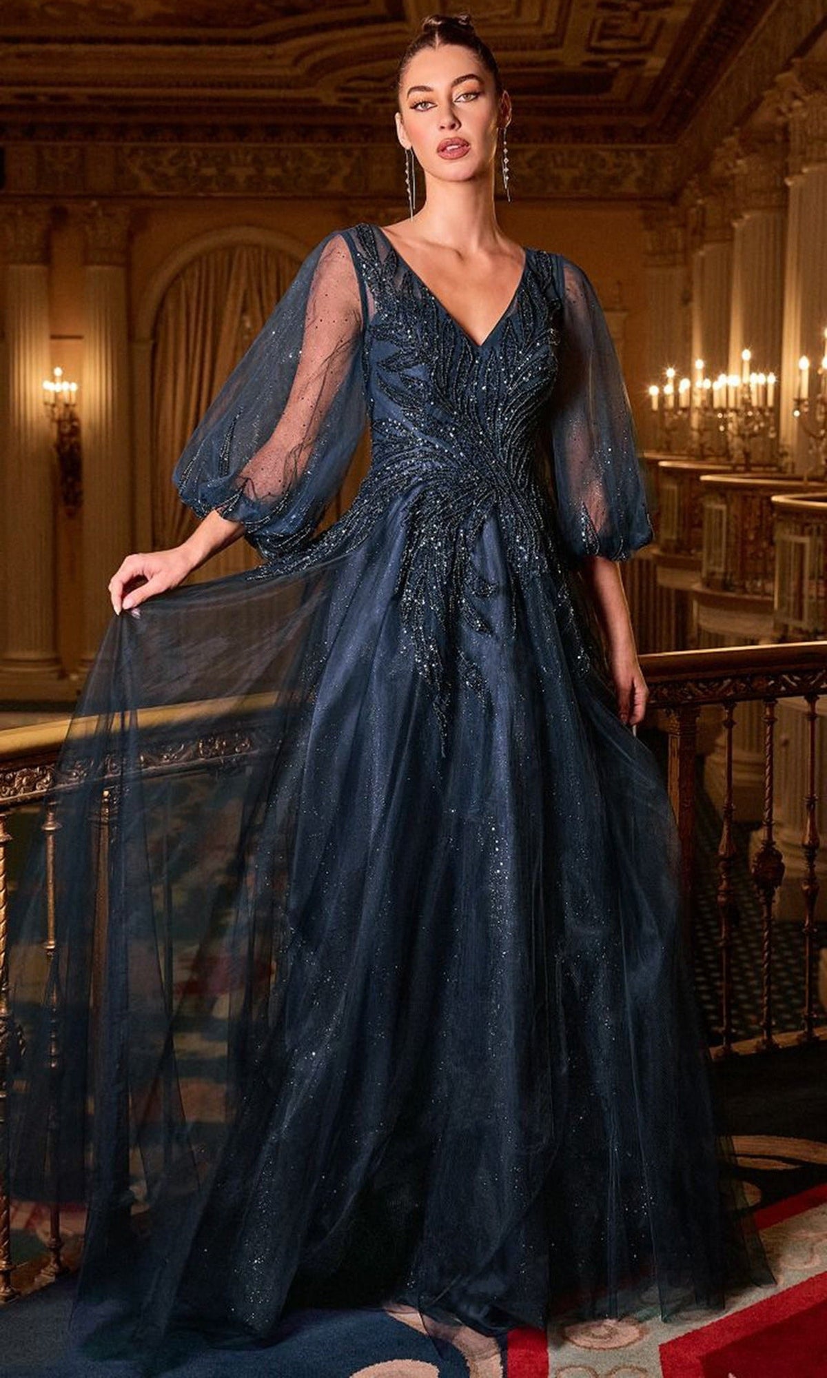 Ladivine CD0101 - Beaded Applique Tulle A-Line Gown