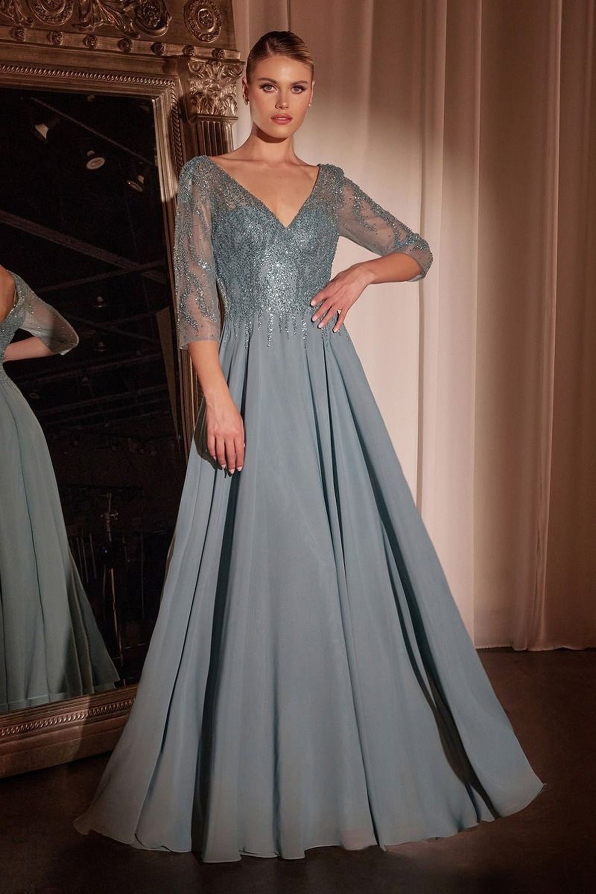 Ladivine CD0171 - Sheer Quarter Beaded Chiffon Gown