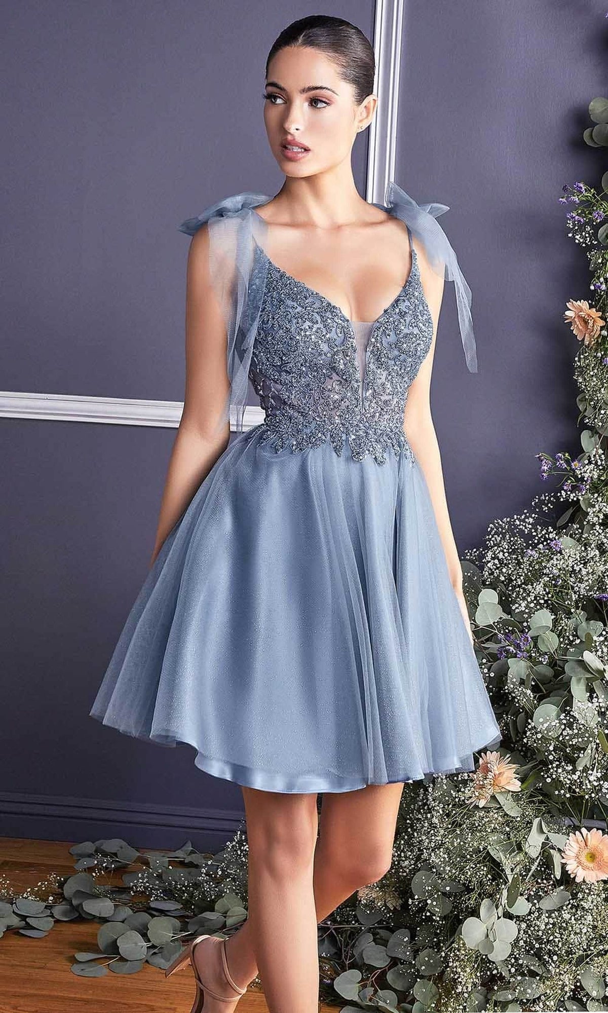 Ladivine CD0174 - Adorned Deep V Neck A-line Dress