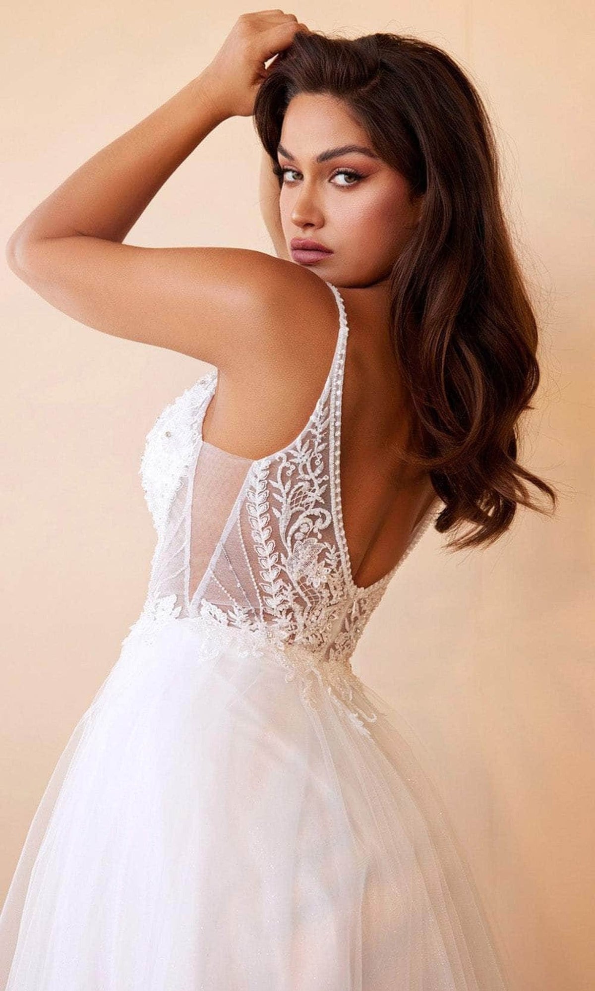 Ladivine CD0195W - Floral Lace Layered Tulle Wedding Gown