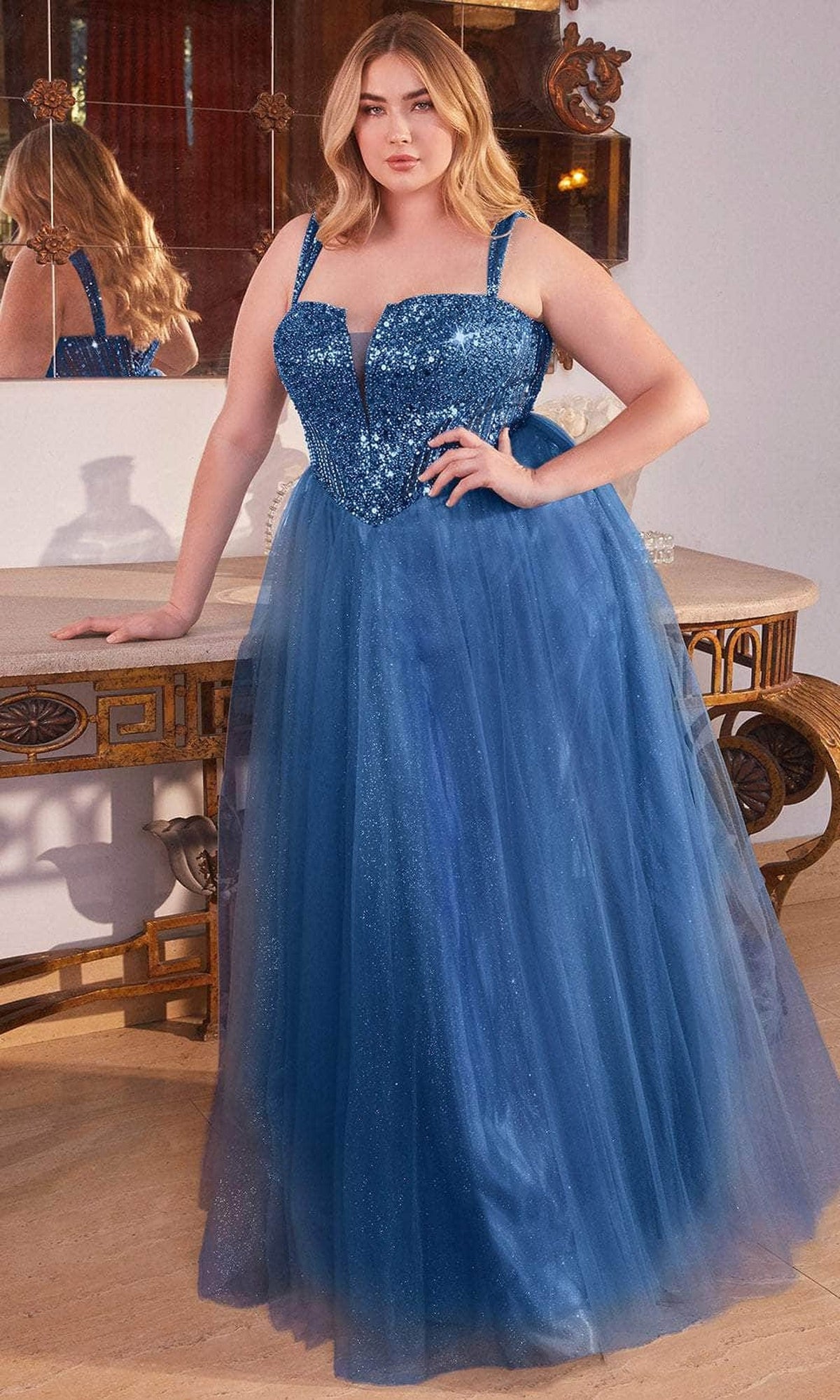 Ladivine CD0217 - Plunging V-Neck Basque Prom Gown