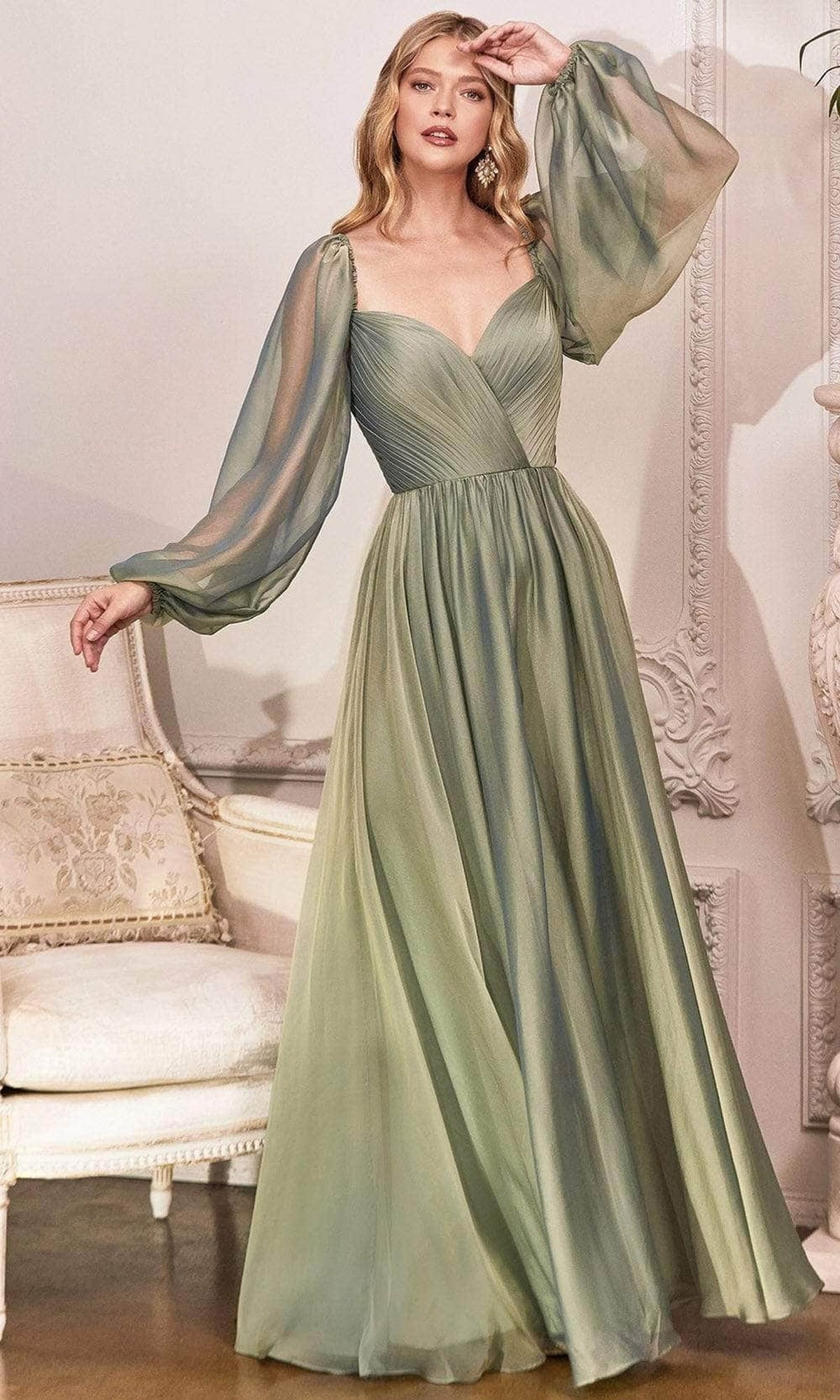 Ladivine CD243 - Long Sleeve Chiffon A-Line Dress