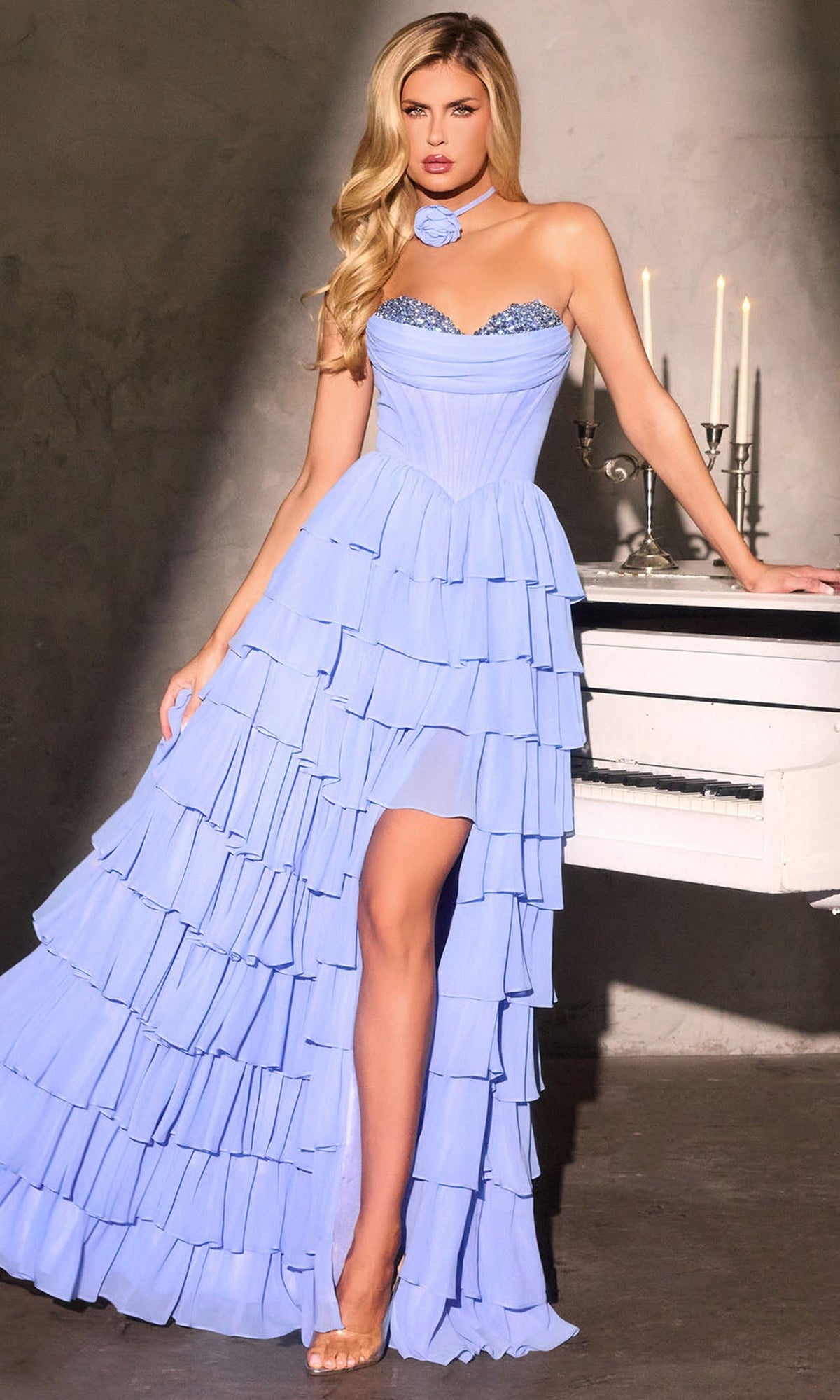 Ladivine CD402 - Tiered Ruffle Chiffon Gown with Slit