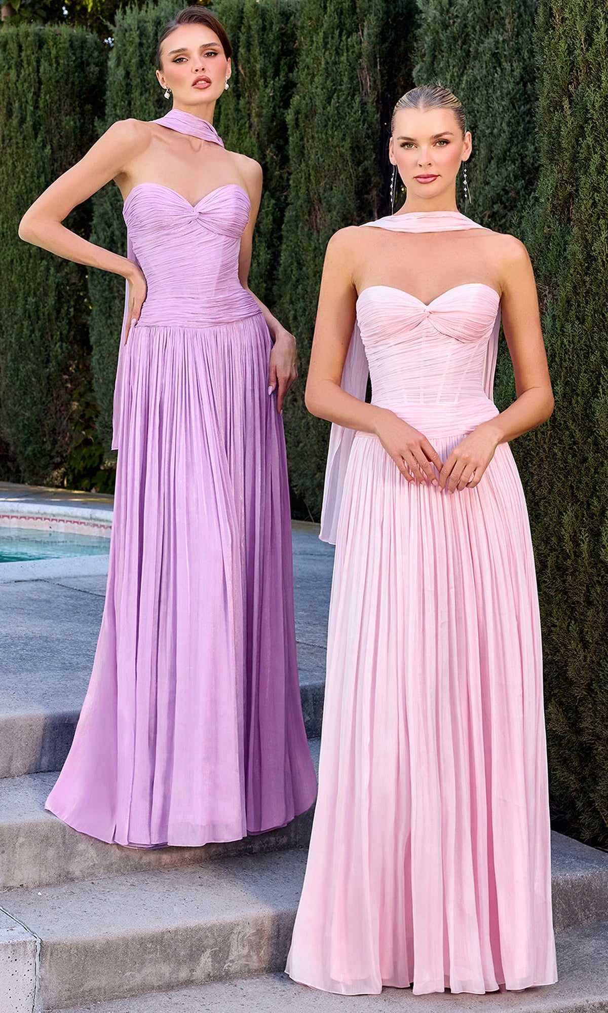 Ladivine CD414 - Pleated Strapless Gown with Scarf Neck Detail