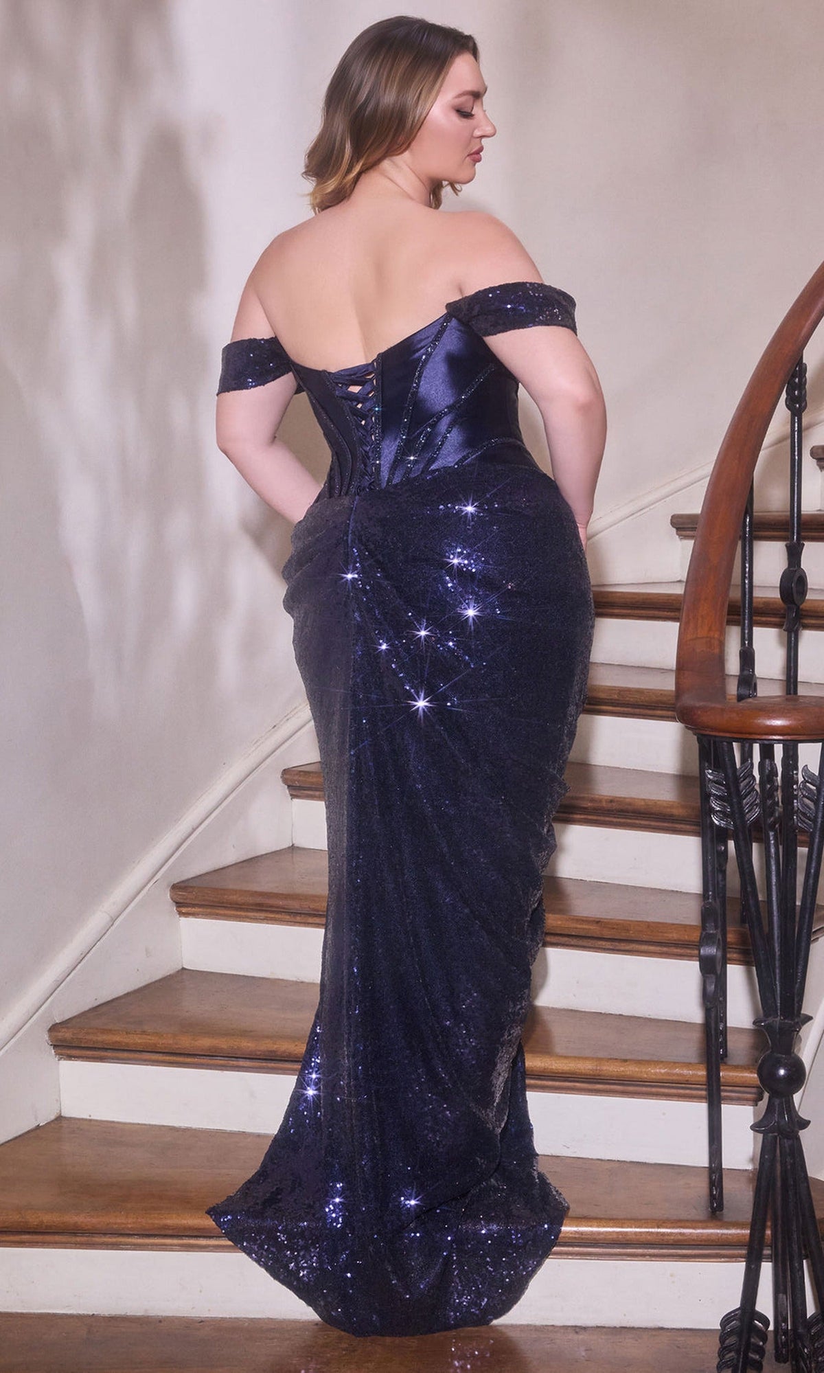 Ladivine CD422C - Sequin Skirt Off Shoulder Evening Gown