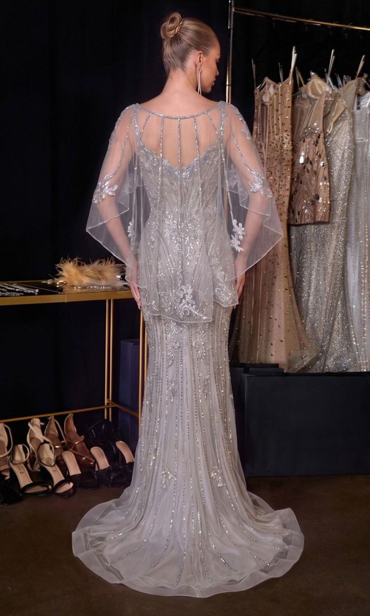 Ladivine CD637 Lace Applique Cape Dress